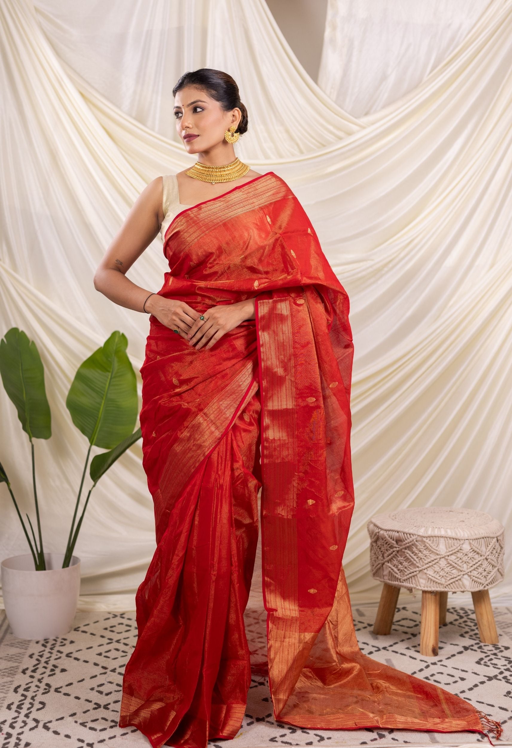RUBY RED TISSUE-SILK MAHESHWARI SARRE