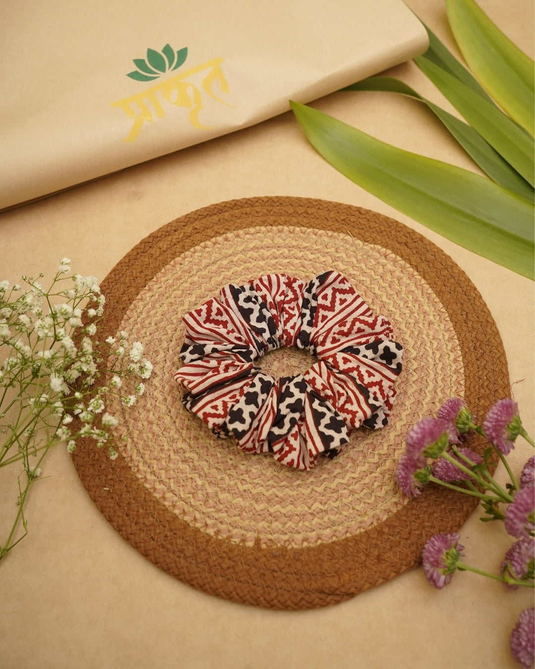 BLACK RED STRIPED BAGH PRINT SCRUNCHIES