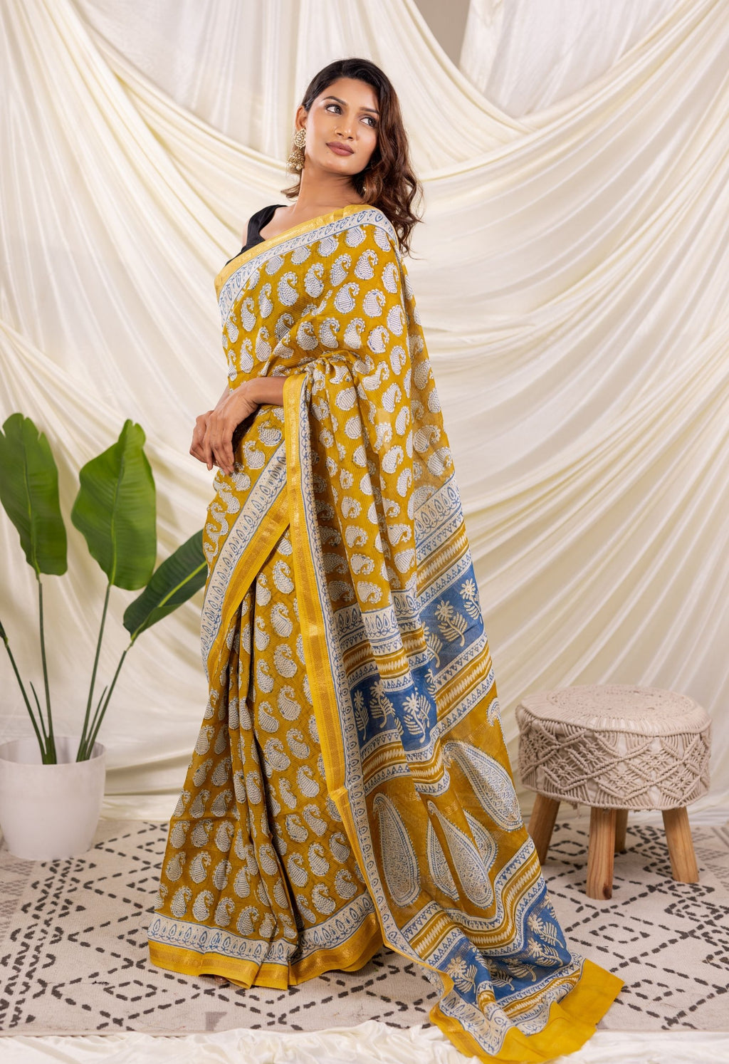 MUSTARD YELLOW  BAGH PRINT SILK SAREE