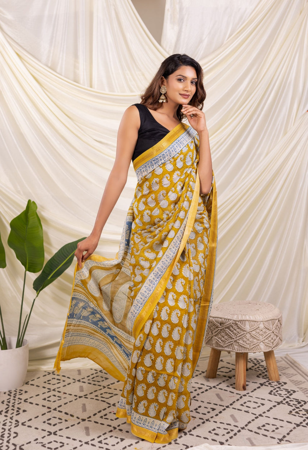 MUSTARD YELLOW  BAGH PRINT SILK SAREE
