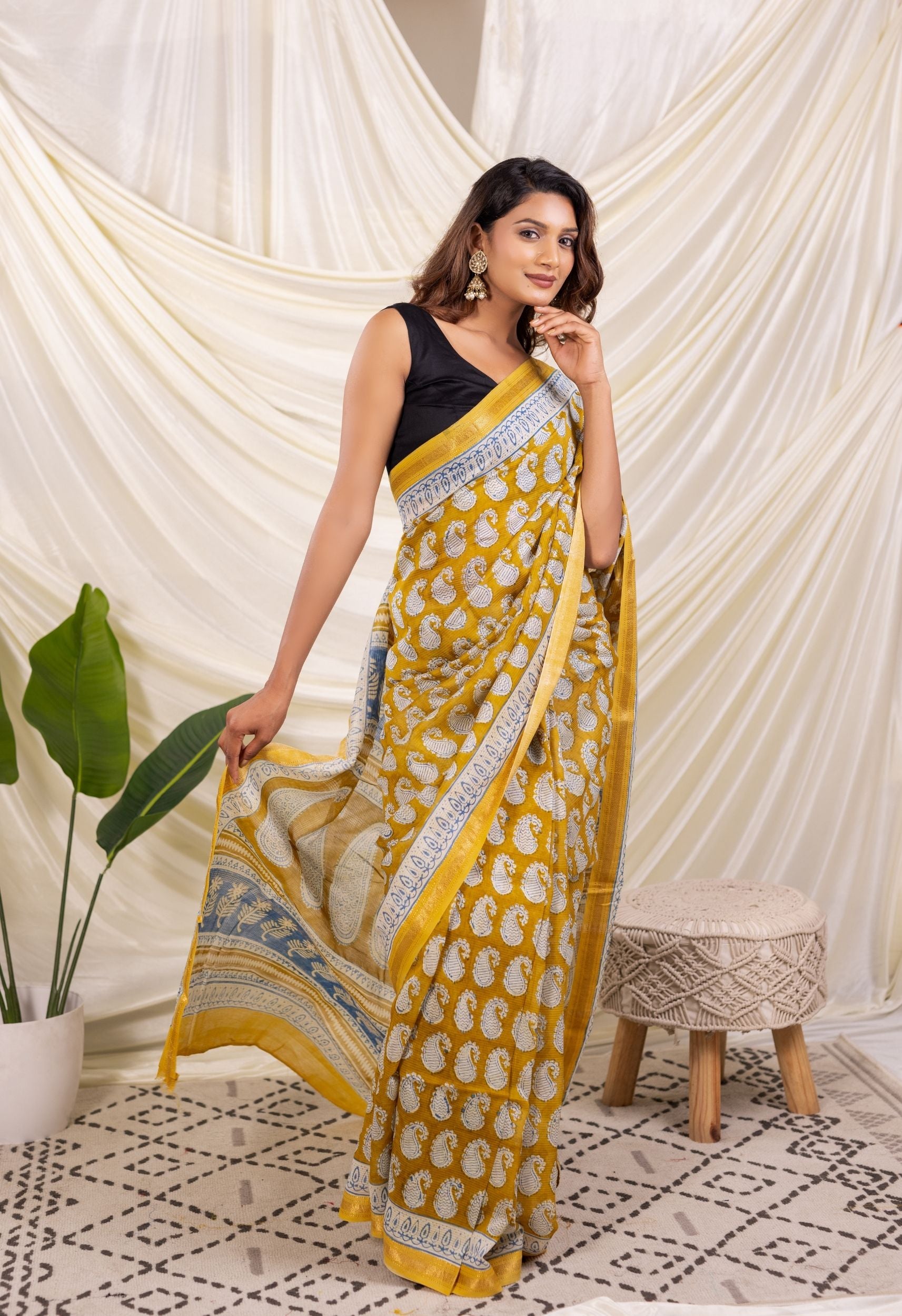 MUSTARD YELLOW  BAGH PRINT SILK SAREE