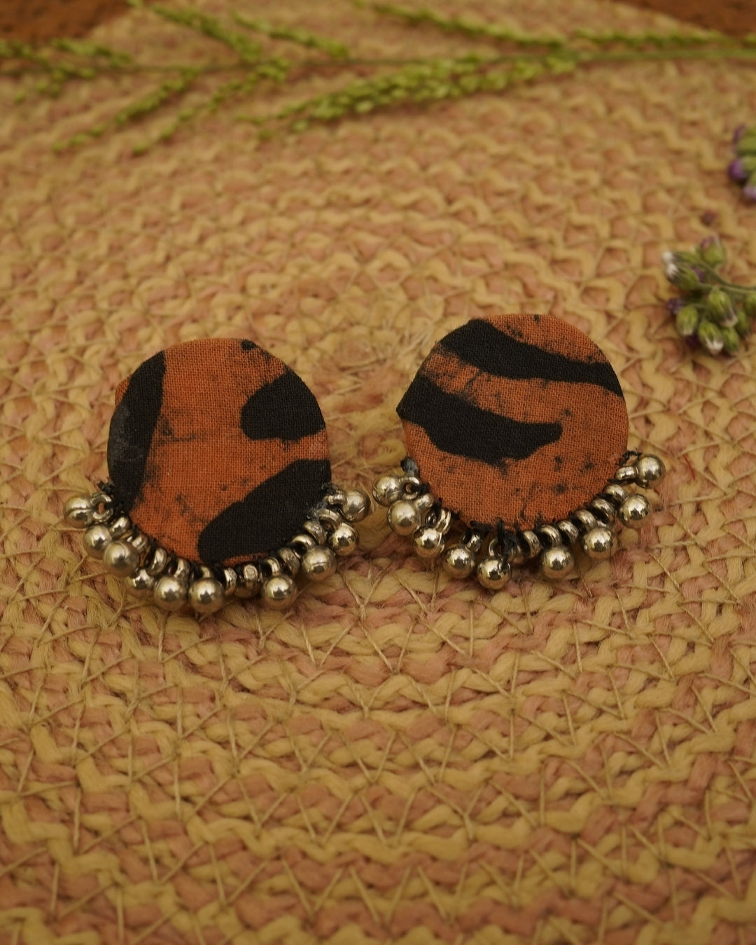 RUST BROWN BLACK BATIK PRINT EARRING