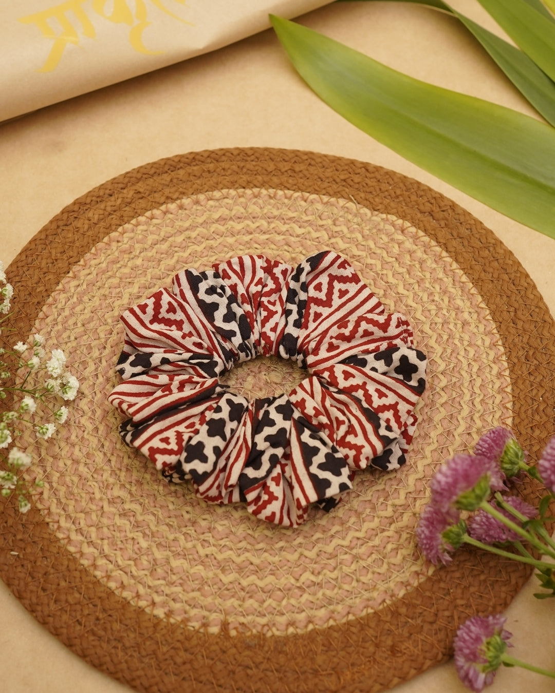 BLACK RED STRIPED BAGH PRINT SCRUNCHIES
