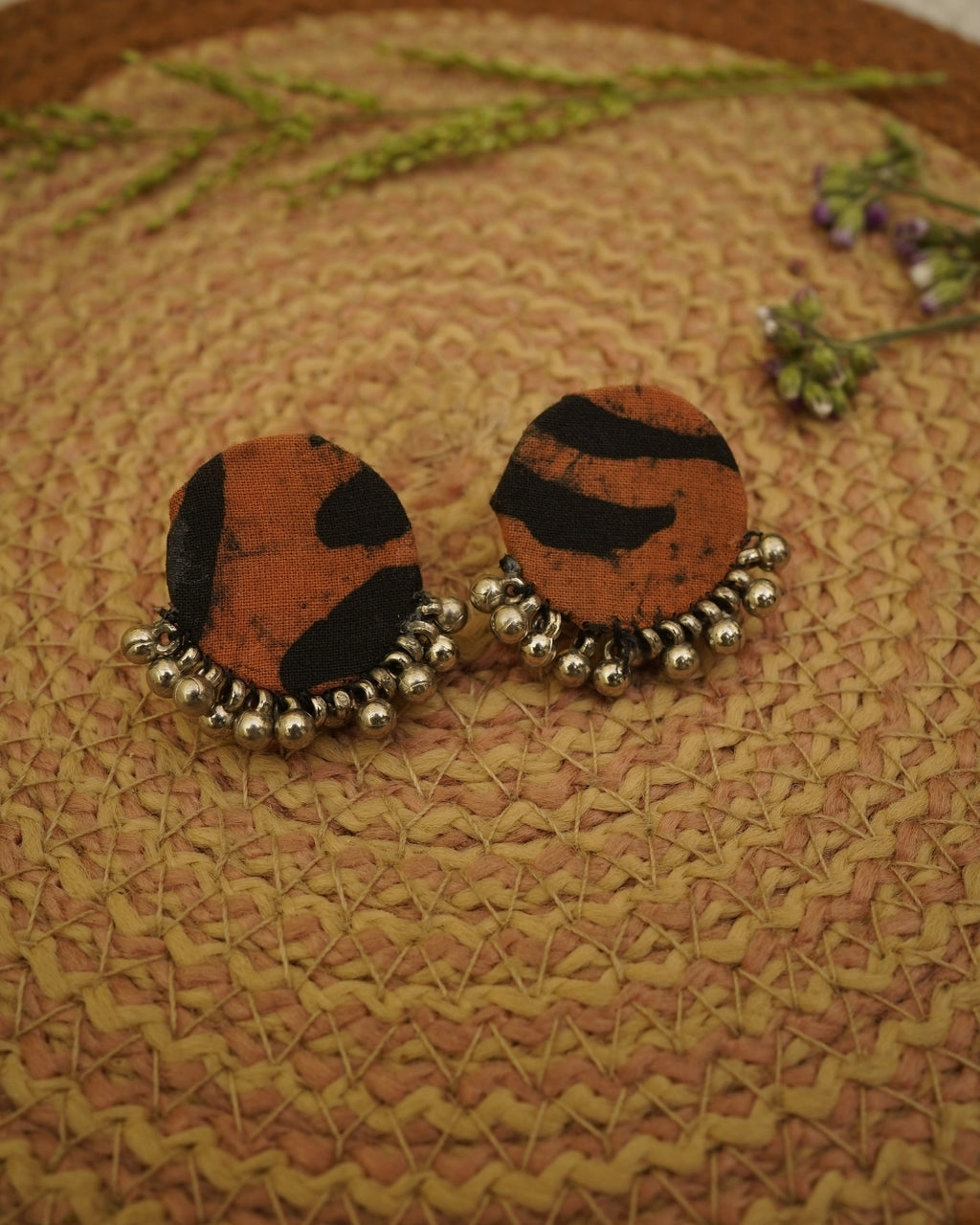 RUST BROWN BLACK BATIK PRINT EARRING