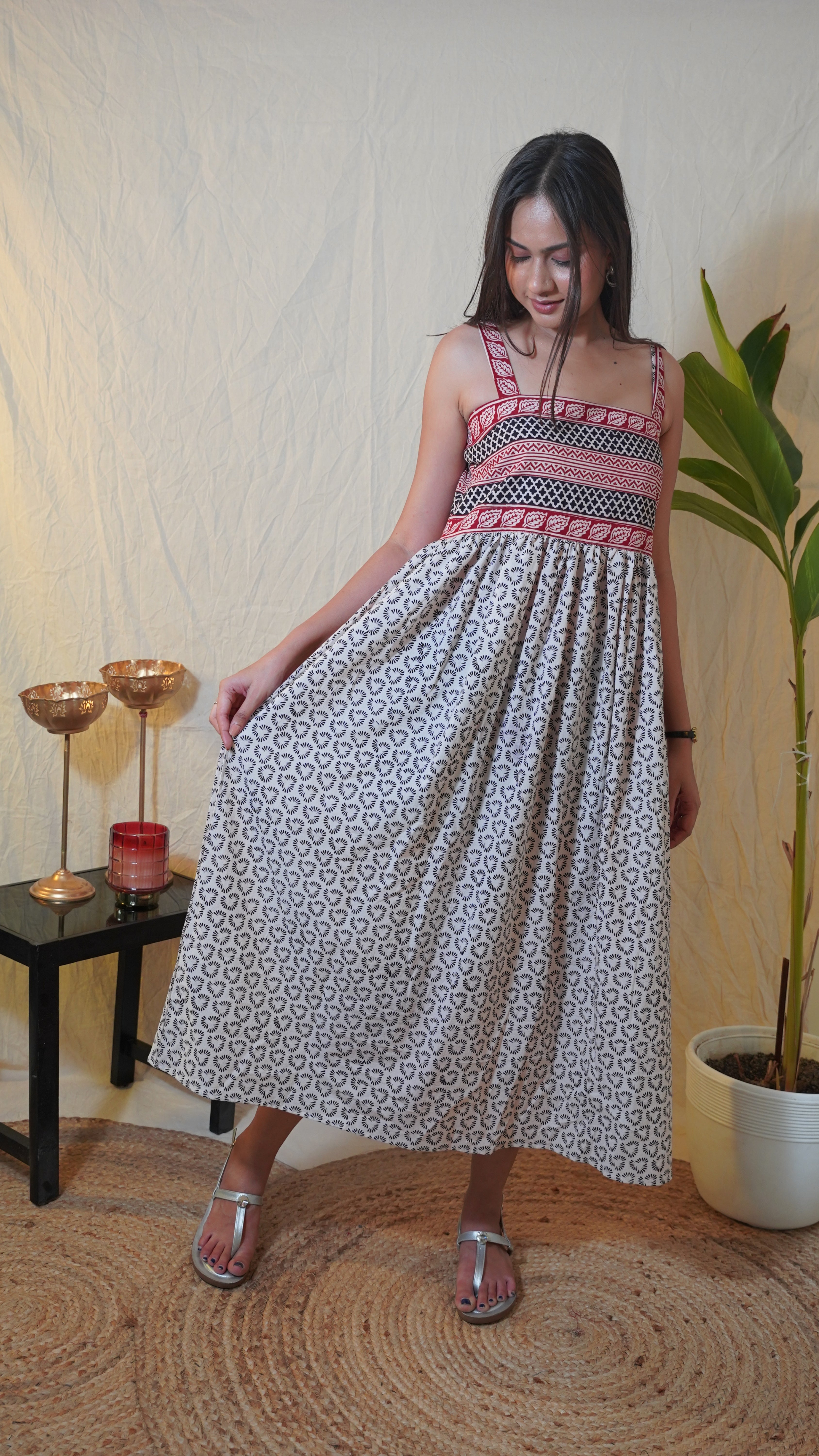 WHITE RED BAGH PRINT EMPIRE DRESS