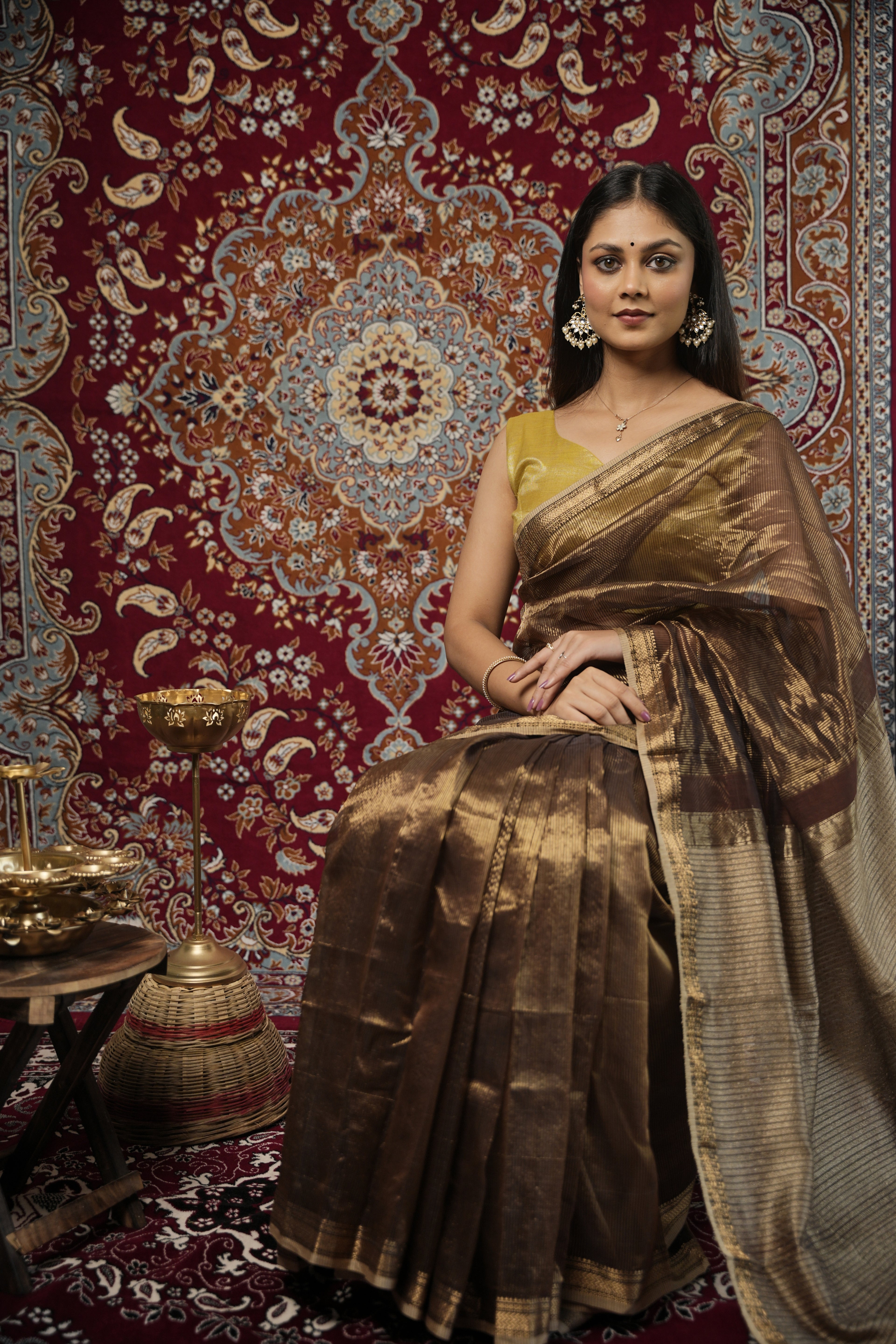 COFFEE BROWN  ZARI STRIPES KOSA  PALLU SAREE