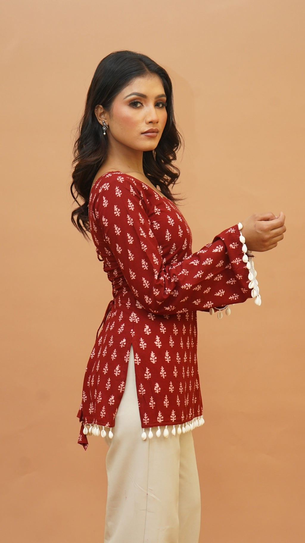 RED WHITE BAGH PRINT SHORT KURTI