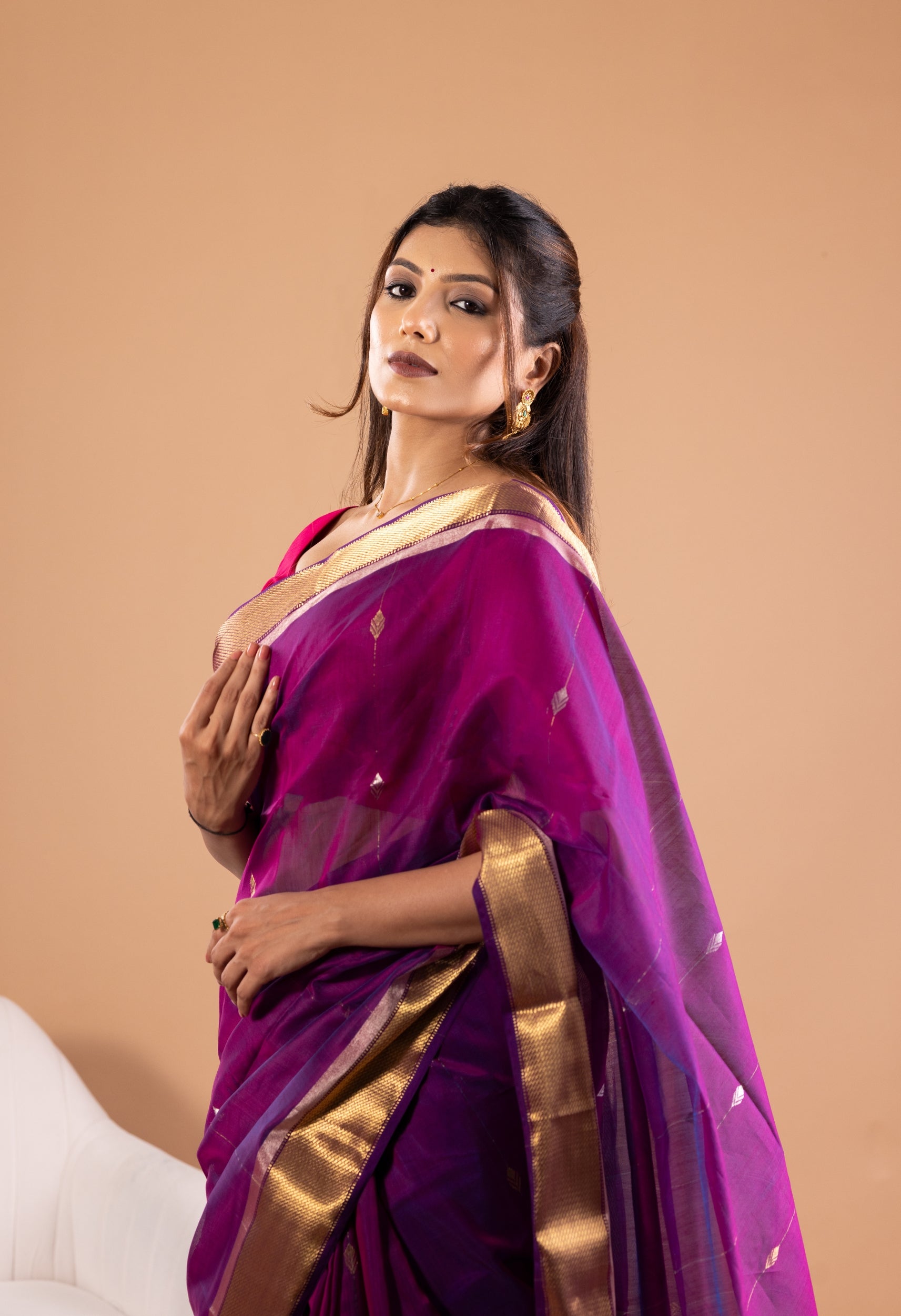 PURPLE VERTICAL BOOTI MAHESHWARI SILK SAREE