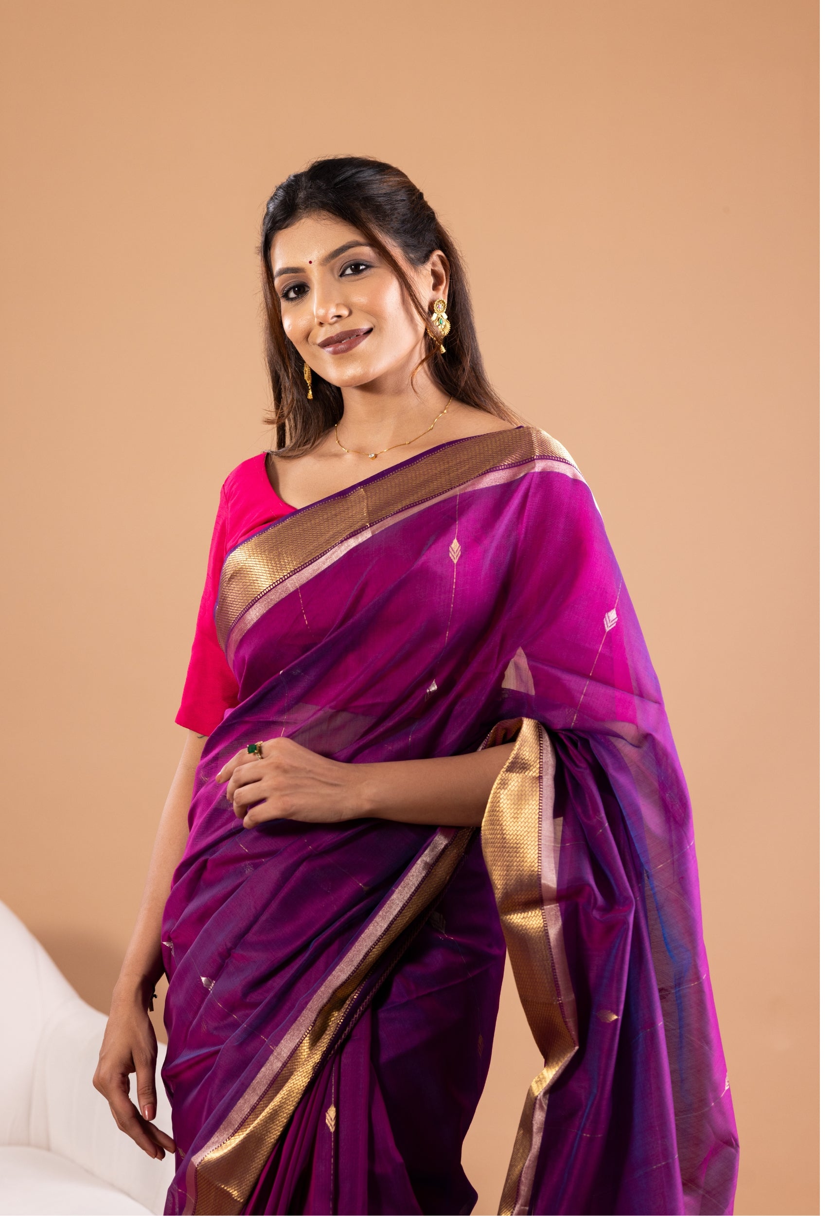 PURPLE VERTICAL BOOTI MAHESHWARI SILK SAREE