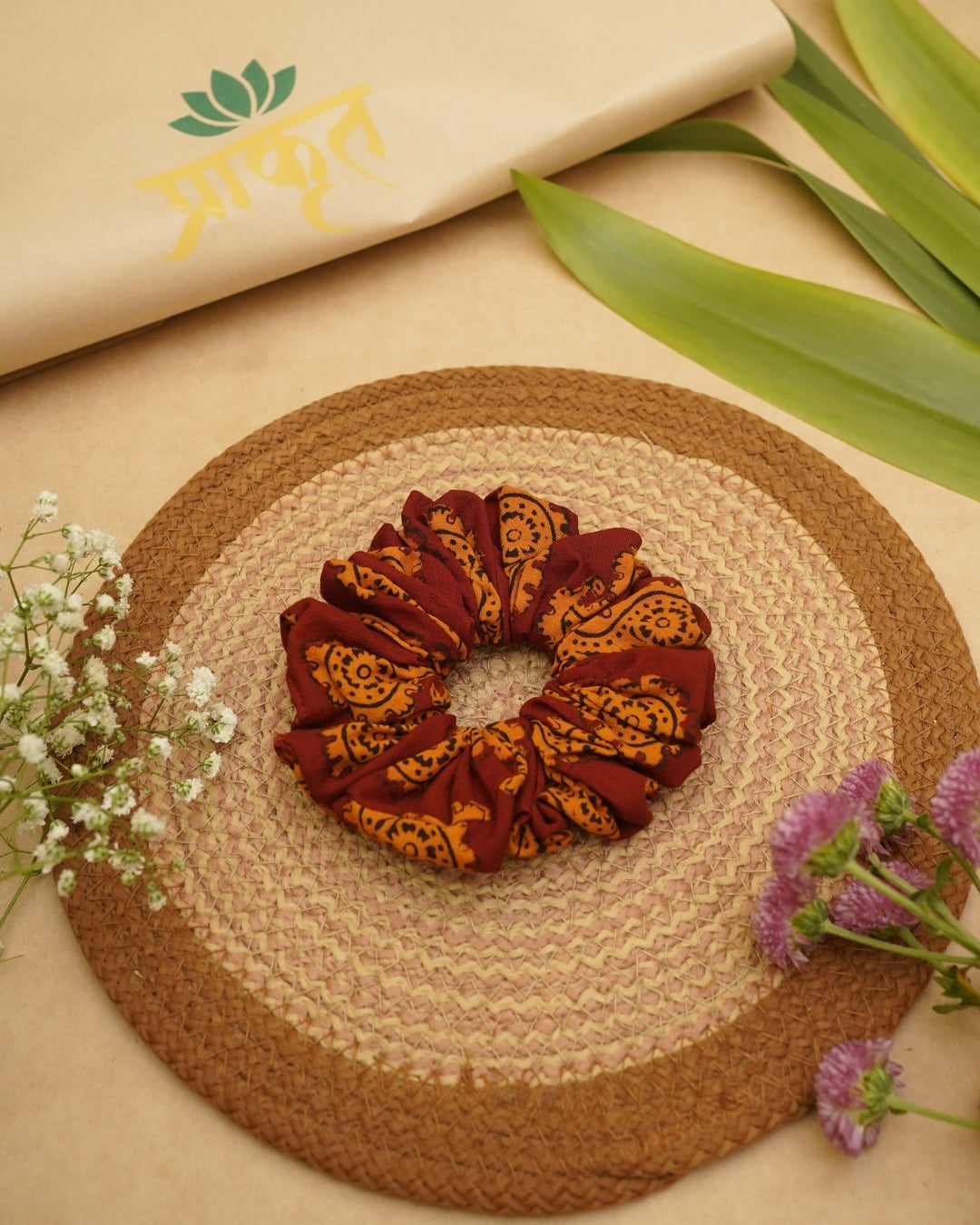 COFFE BROWN YELLOW PAISLEY BAGH PRINT SCRUNCHIES