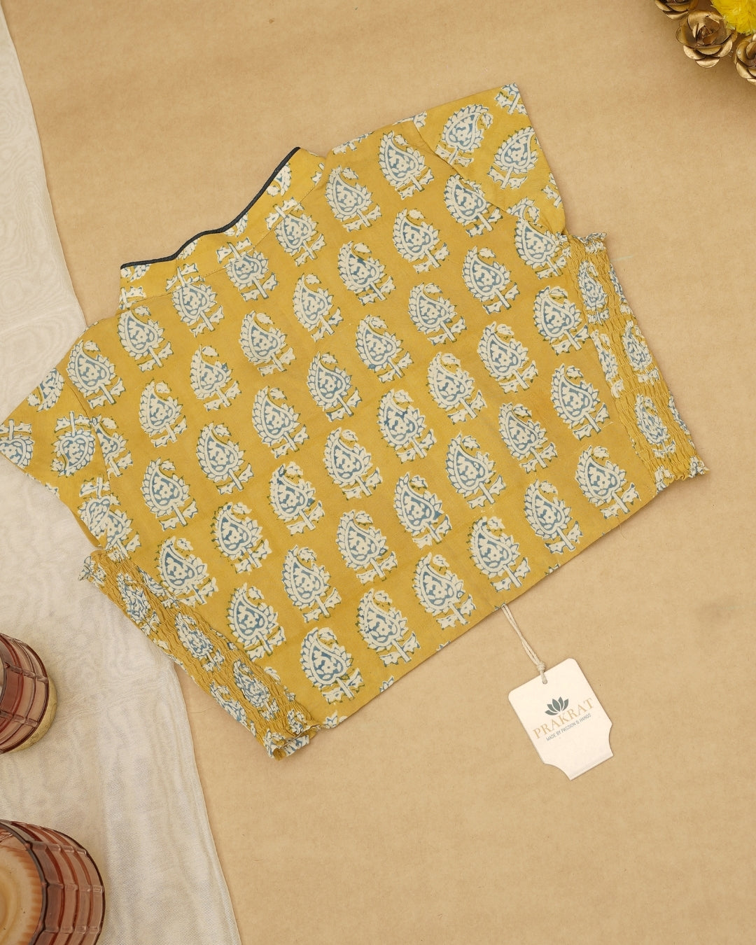 MUSTARD YELLOW  BAGH PRINT BLOUSE