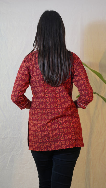 RUST RED BAGH PRINT SHORT KURTI