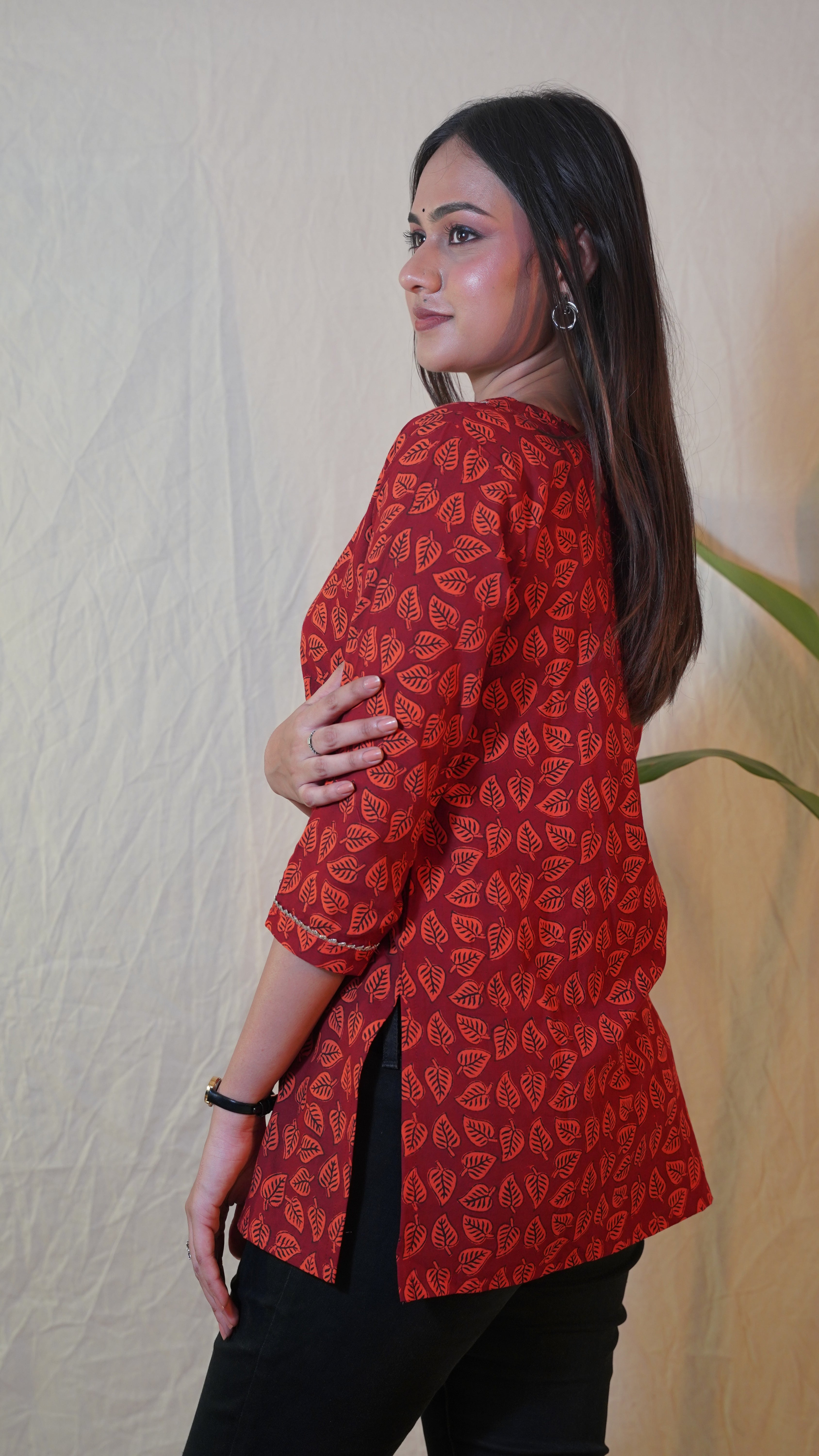 RUST RED BAGH PRINT SHORT KURTI