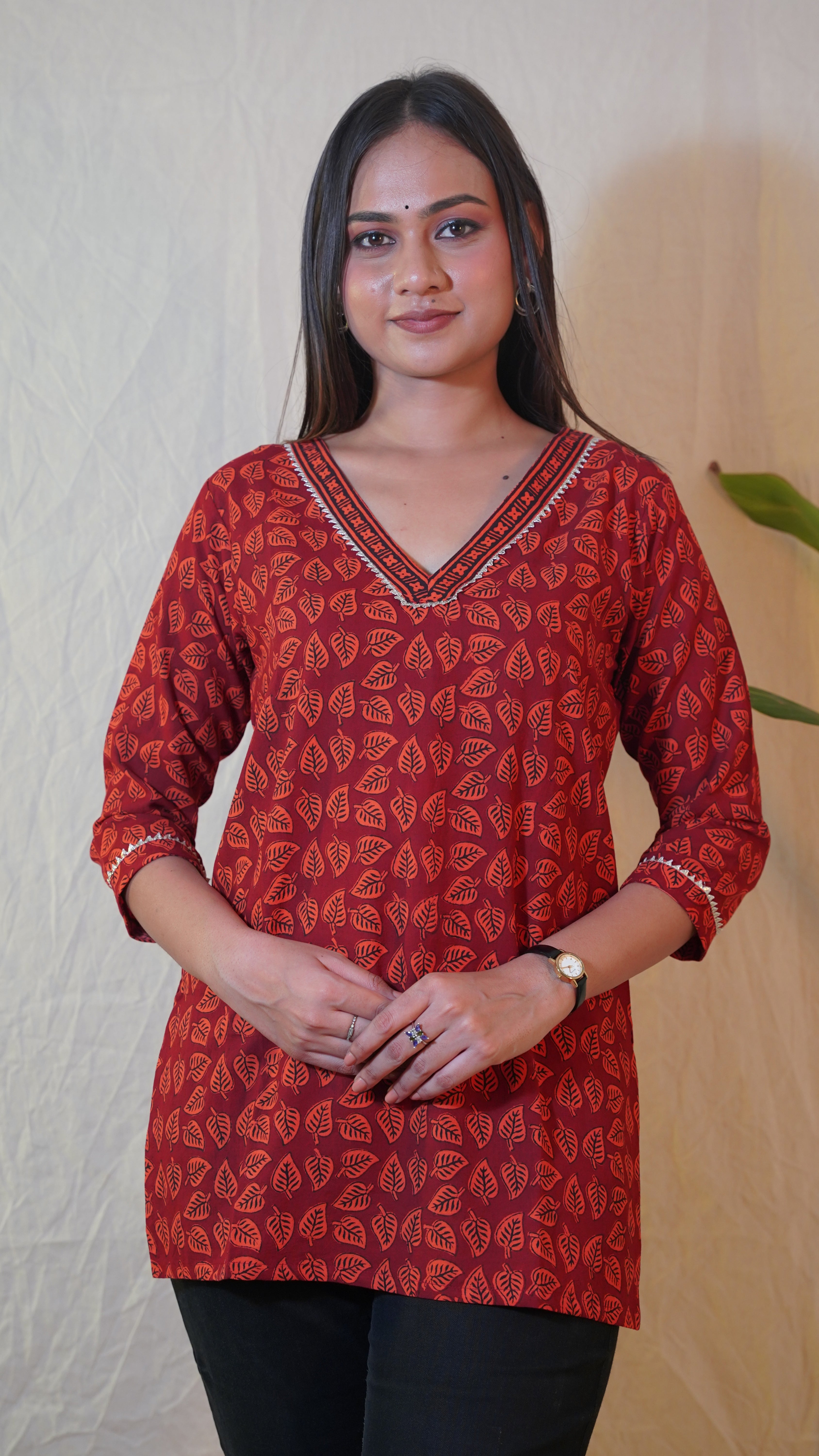 RUST RED BAGH PRINT SHORT KURTI