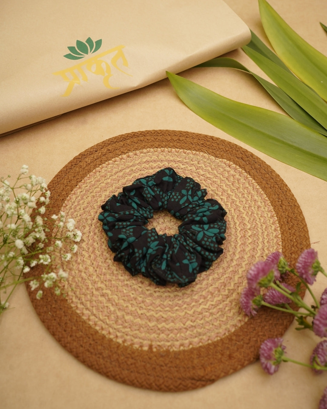 GREEN FLORAL BAGH PRINT SCRUNCHIES