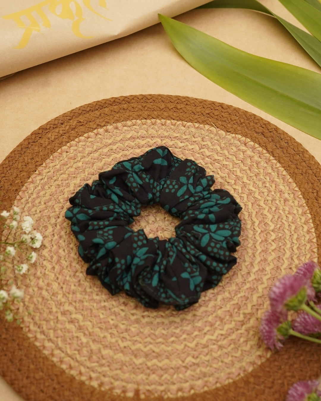 GREEN FLORAL BAGH PRINT SCRUNCHIES
