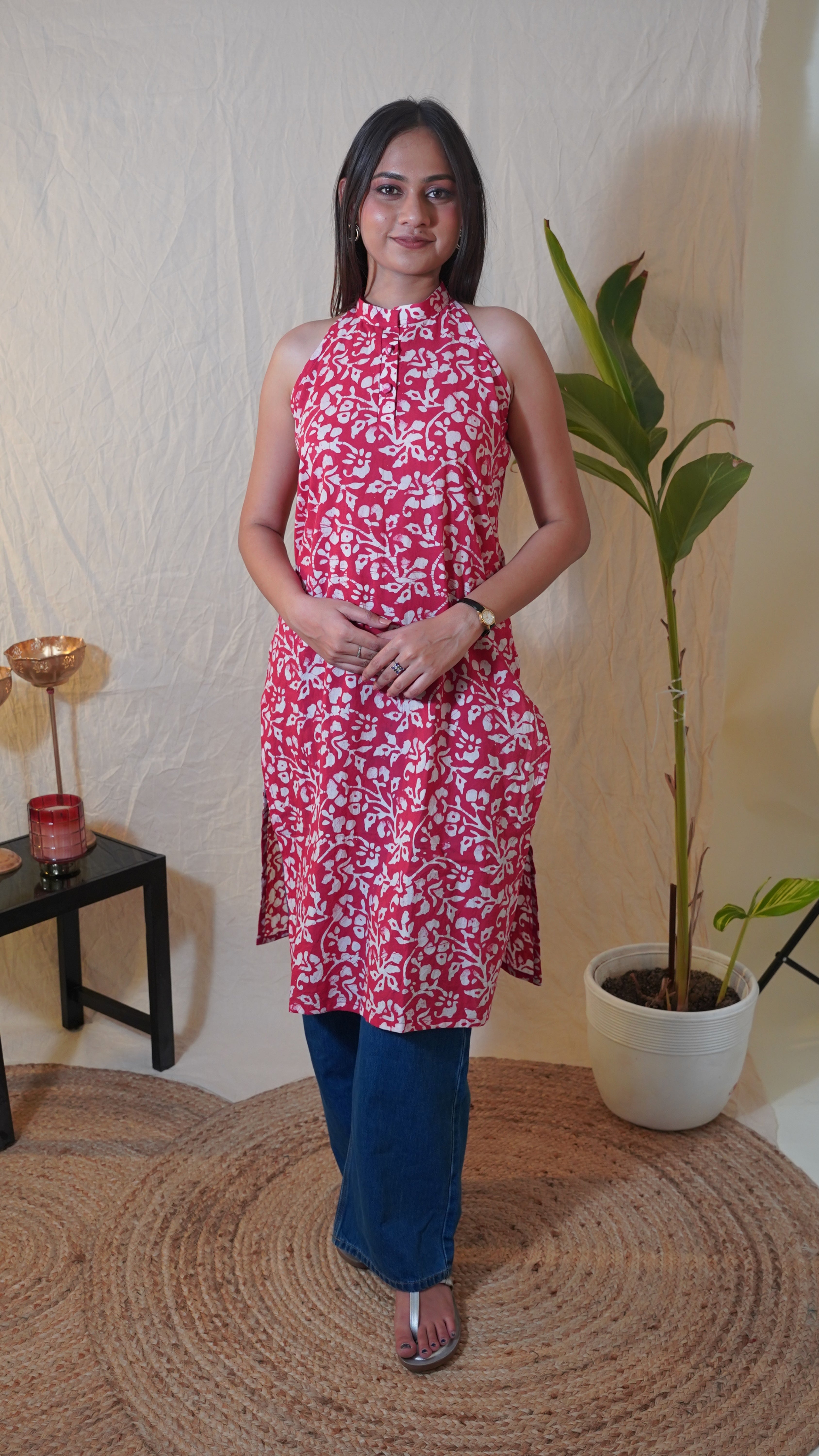 RED WHITE FLORAL BATIK PRINT KURTI