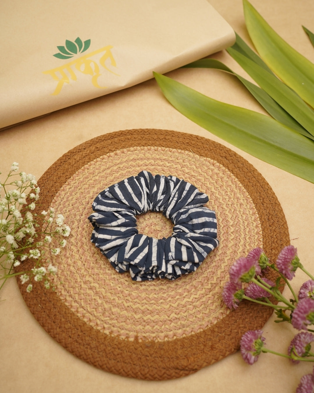 INDIGO STRIP BATIK PRINT SCRUNCHIES