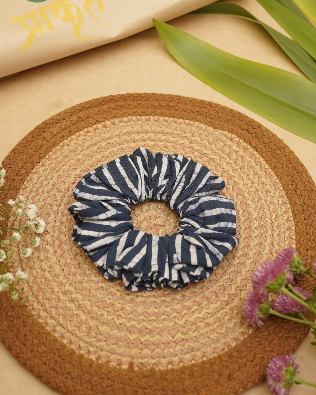 INDIGO STRIP BATIK PRINT SCRUNCHIES