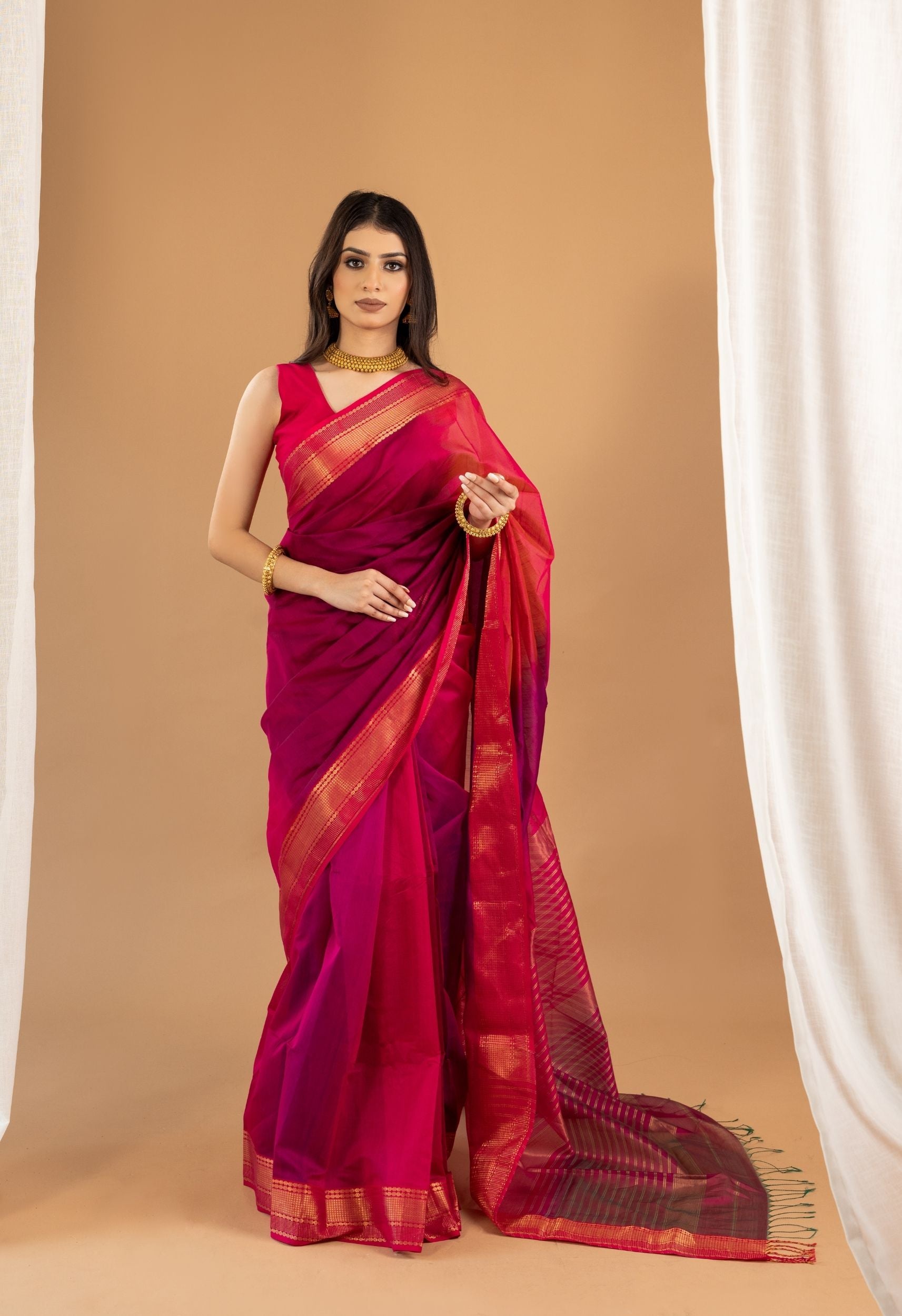 DEEP PINK DUAL SHADE MAHESHWARI SILK SAREE