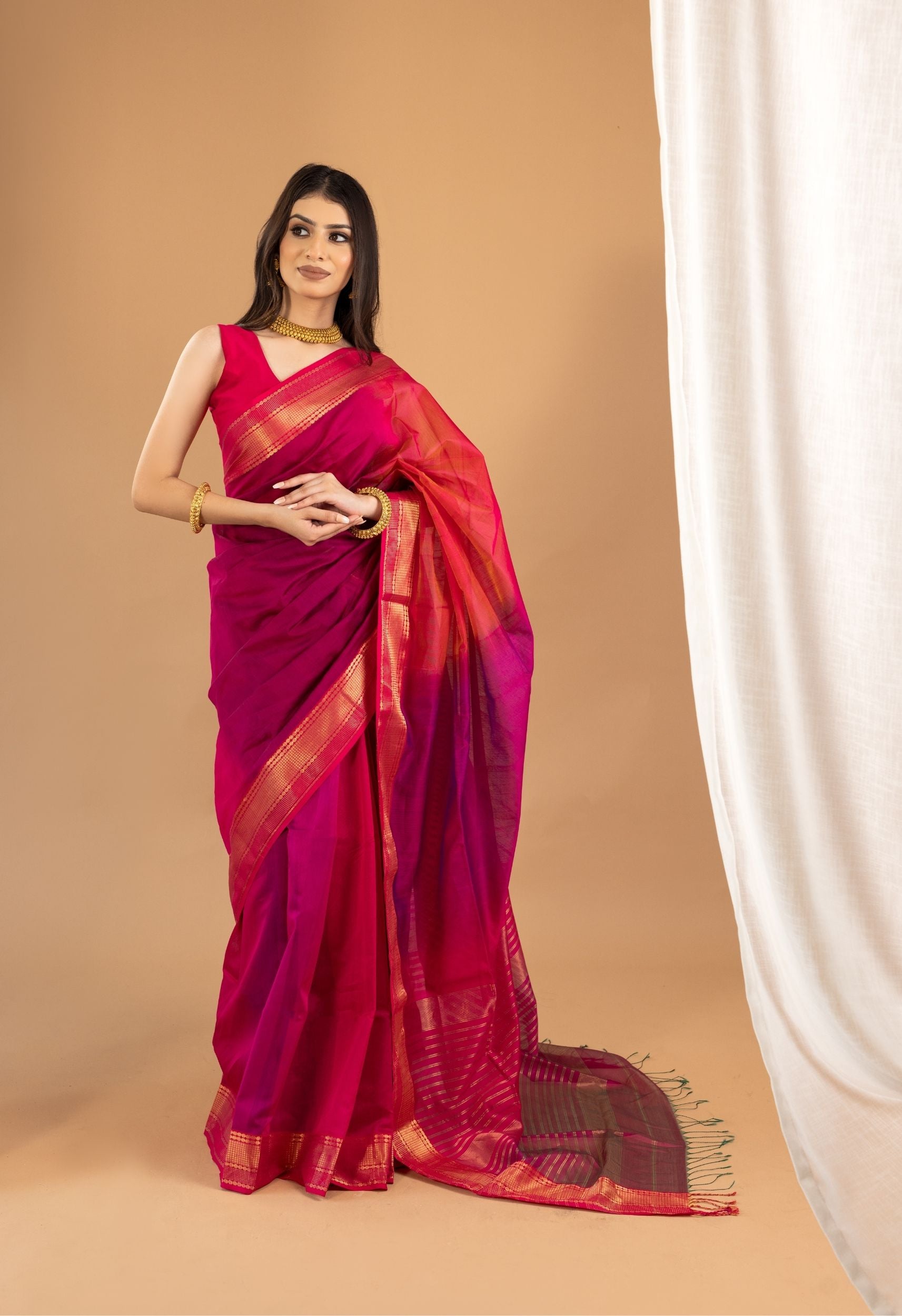 DEEP PINK DUAL SHADE MAHESHWARI SILK SAREE