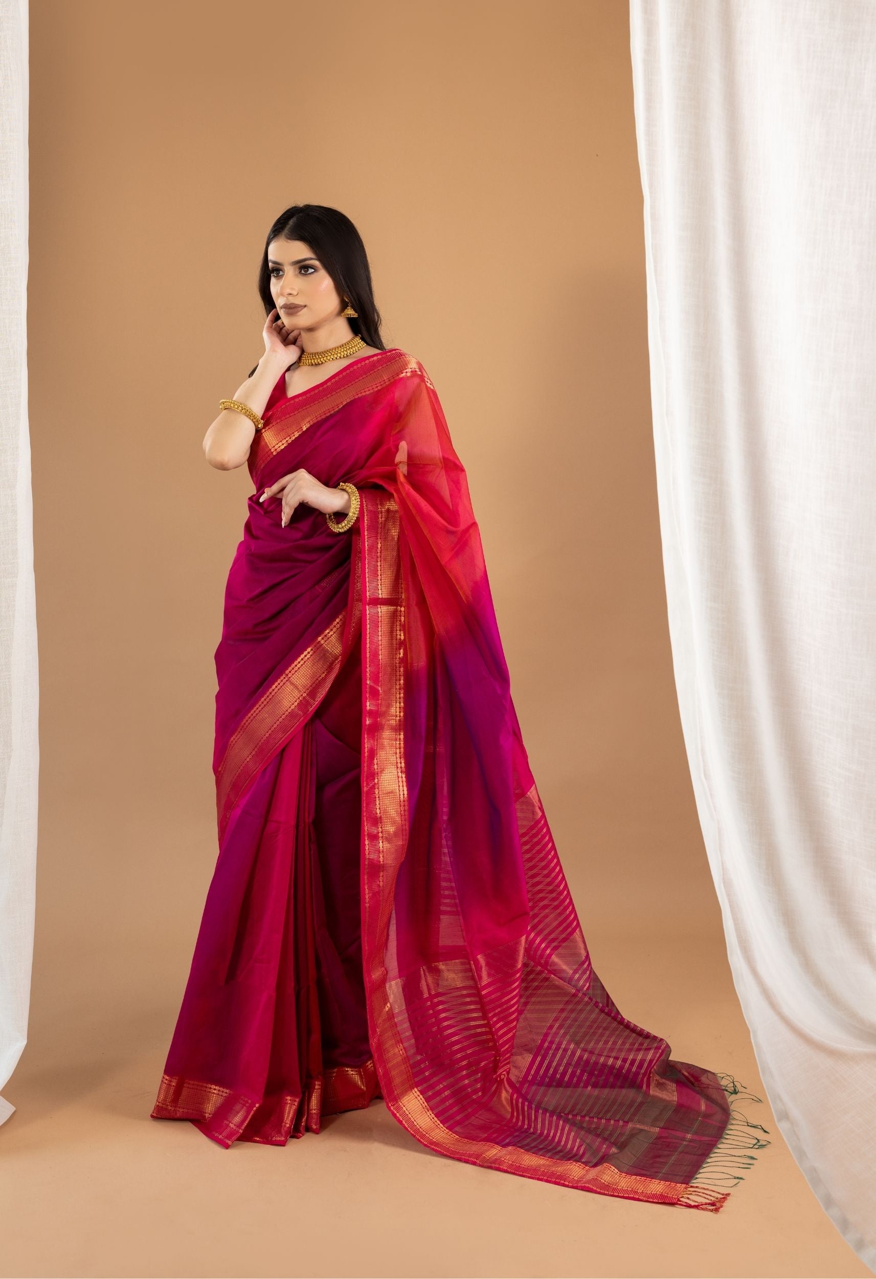 DEEP PINK DUAL SHADE MAHESHWARI SILK SAREE