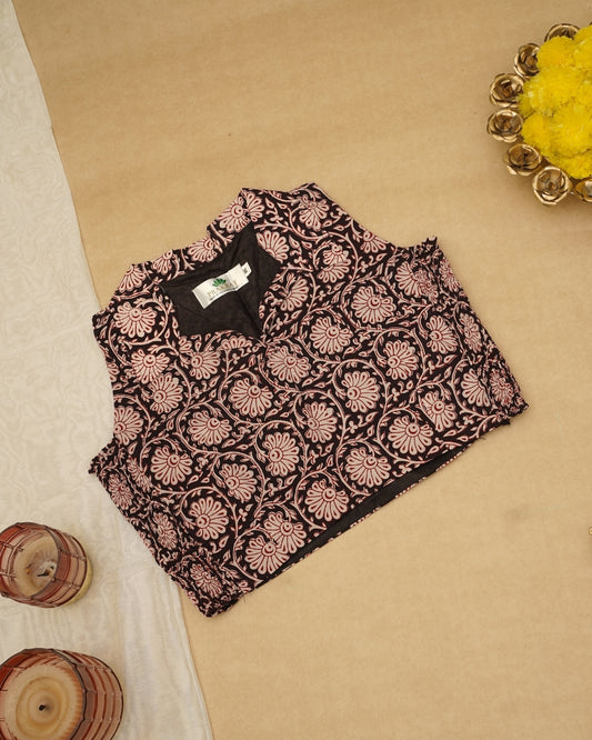 BLACK RED COLLAR BAGH PRINT BLOUSE
