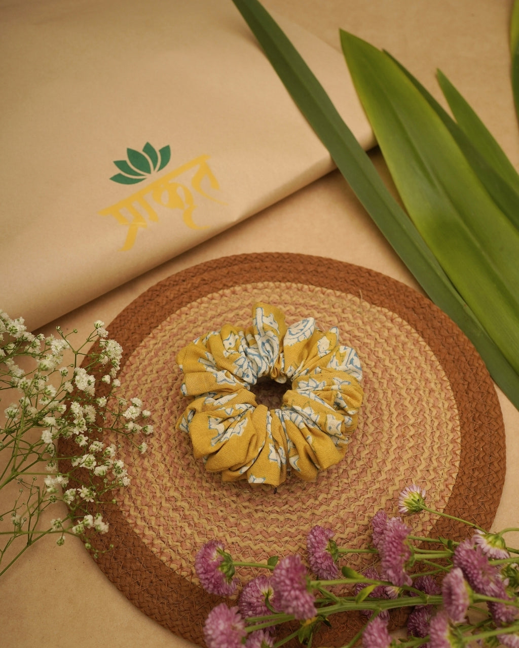 MUSTARD YELLOW BLUE BAGH PRINT SCRUNCHIES