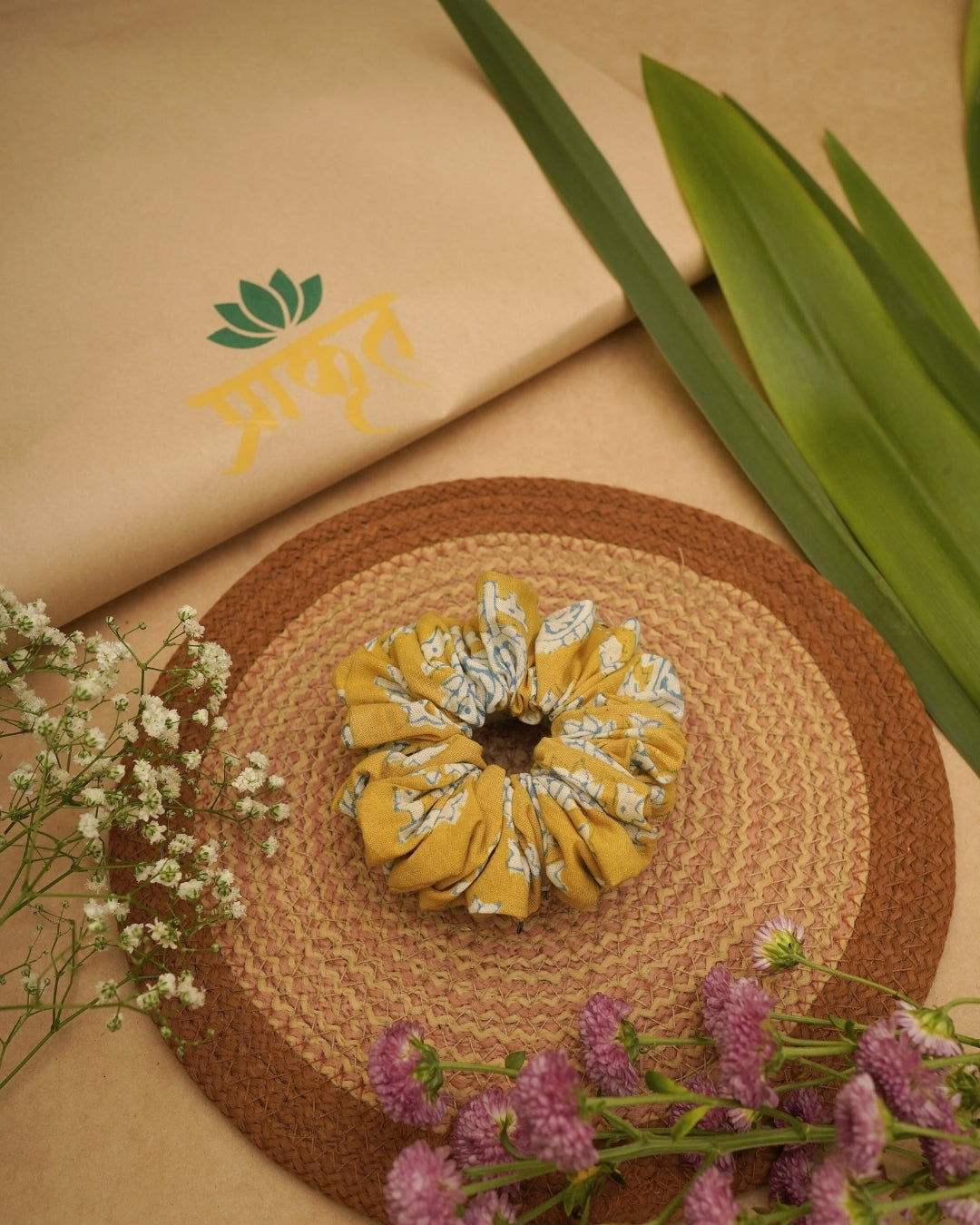 MUSTARD YELLOW BLUE BAGH PRINT SCRUNCHIES