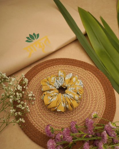 MUSTARD YELLOW BLUE BAGH PRINT SCRUNCHIES