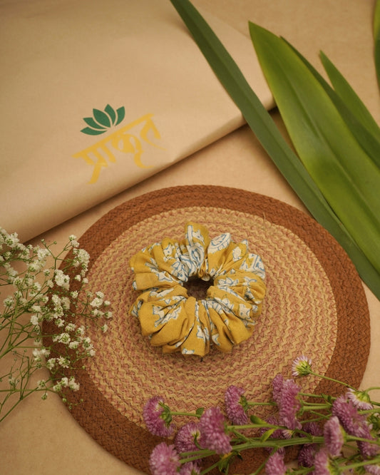 MUSTARD YELLOW BLUE BAGH PRINT SCRUNCHIES