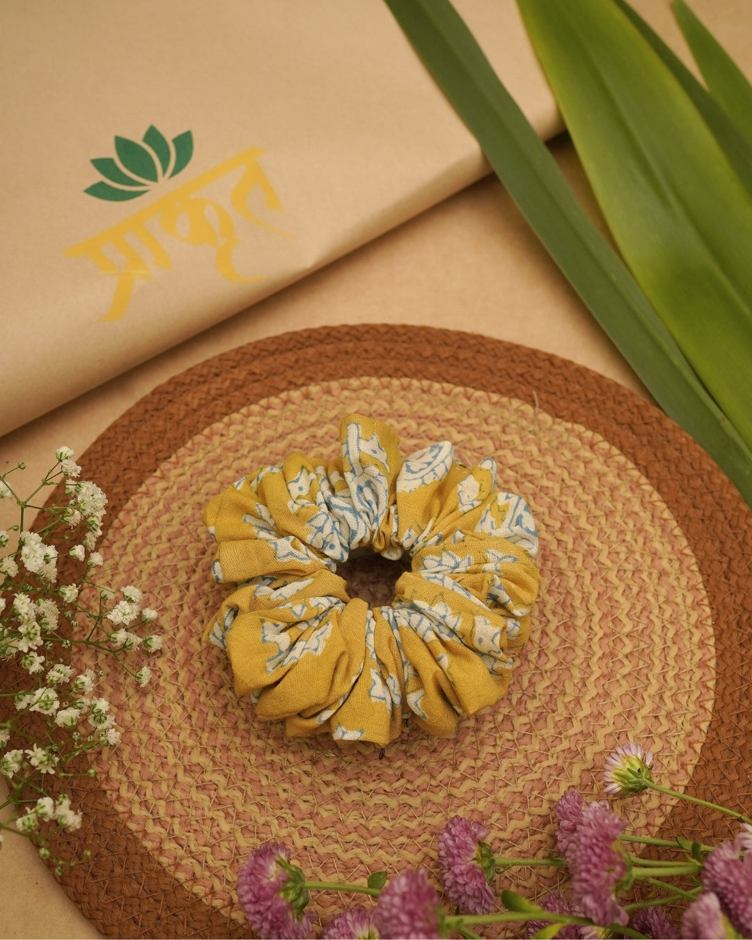 MUSTARD YELLOW BLUE BAGH PRINT SCRUNCHIES