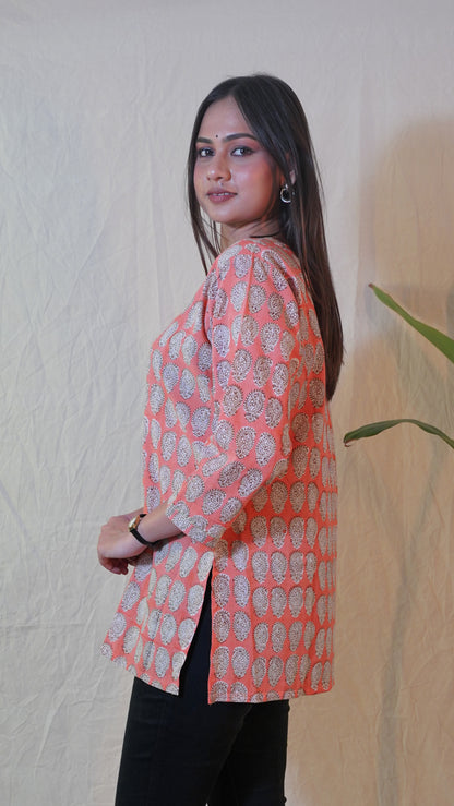 ORANGE WHITE  BAGH PRINT SHORT KURTI