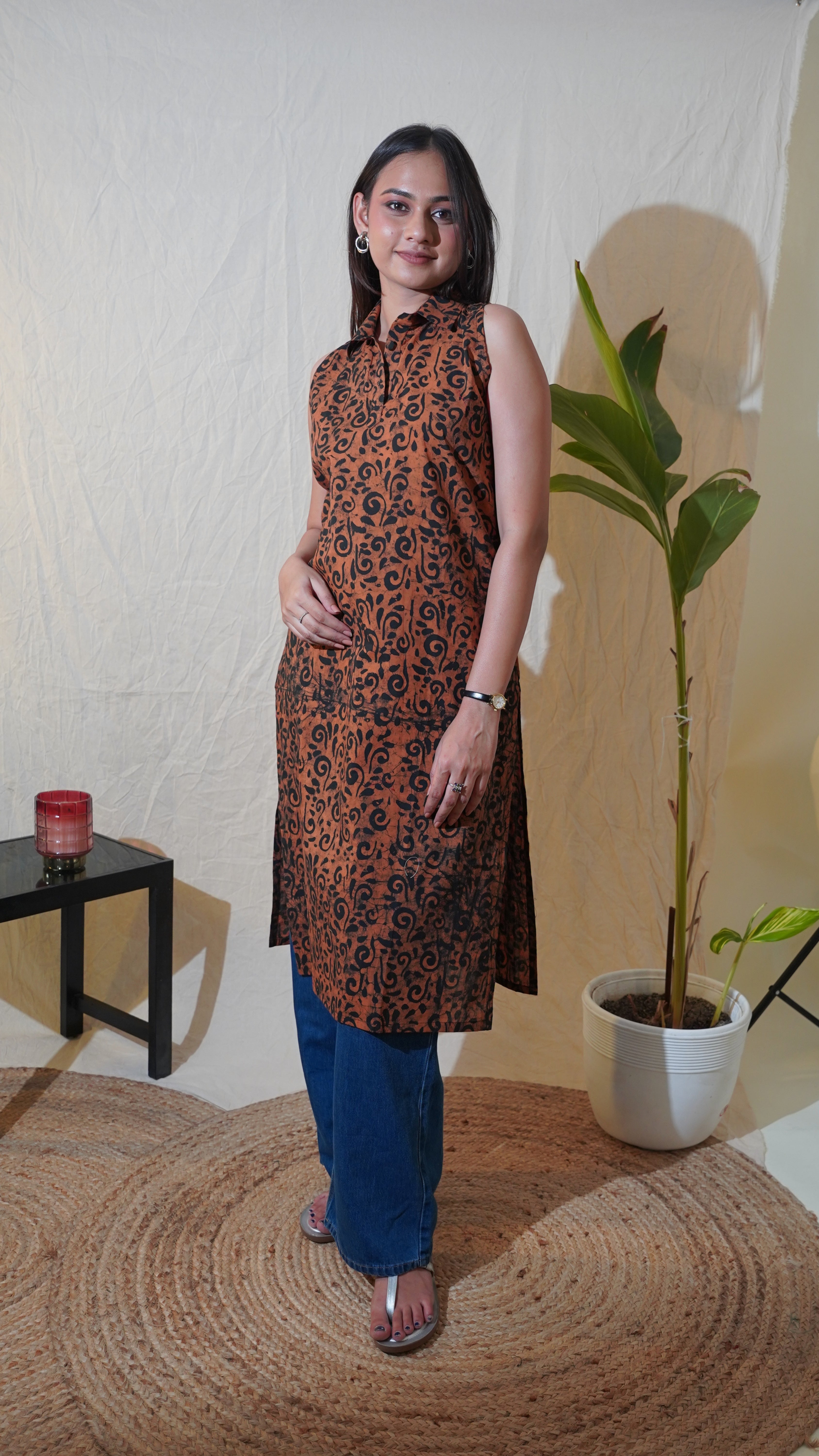 RUST BROWN BLACK BATIK PRINT KURTI