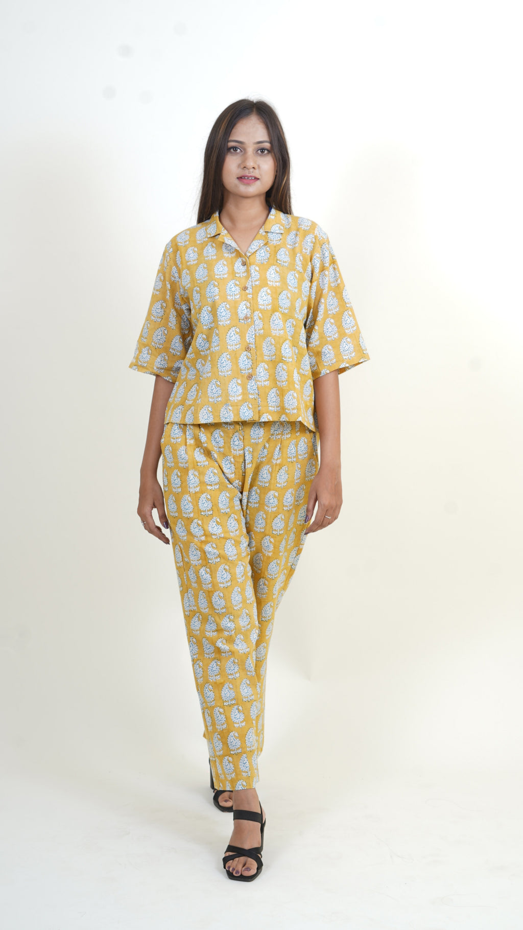 MUSTARD YELLOW-BLUE BAGH PRINT CO-ORD SET WITH BACKLESS BLUE TOP