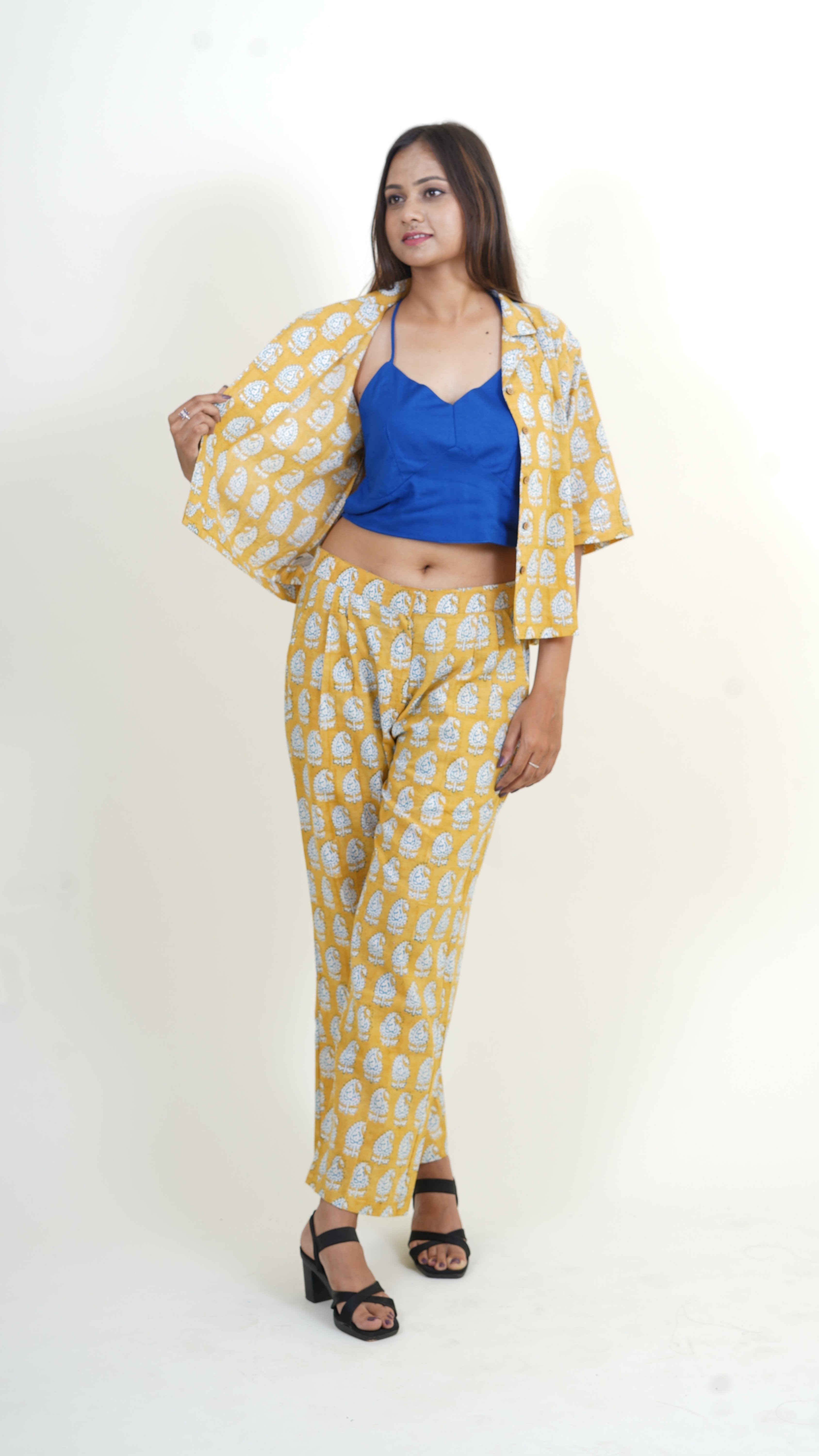 MUSTARD YELLOW-BLUE BAGH PRINT CO-ORD SET WITH BACKLESS BLUE TOP
