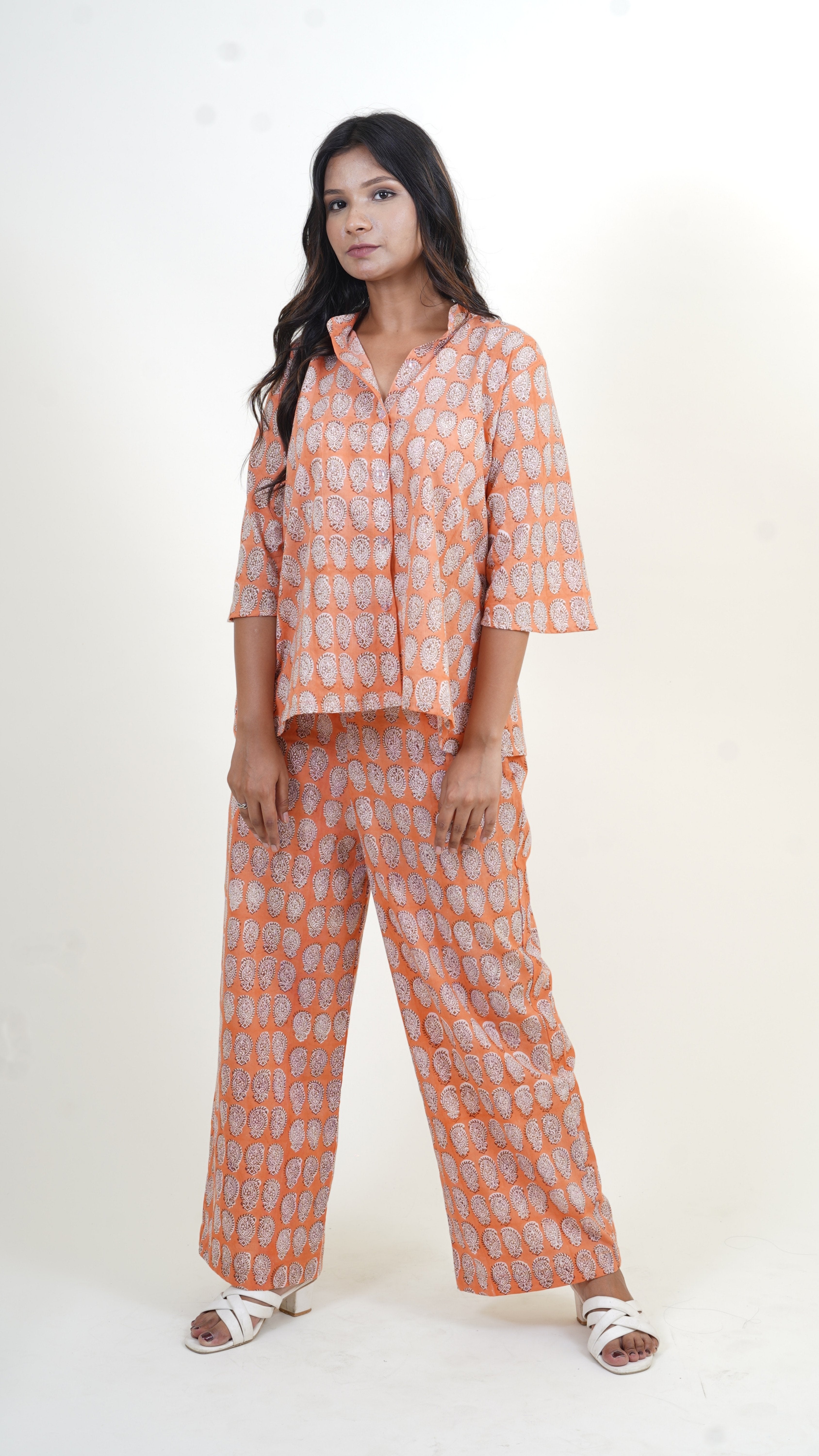 ORANGE WHITE INDIGO BAGH  PRINT CO-ORD SET