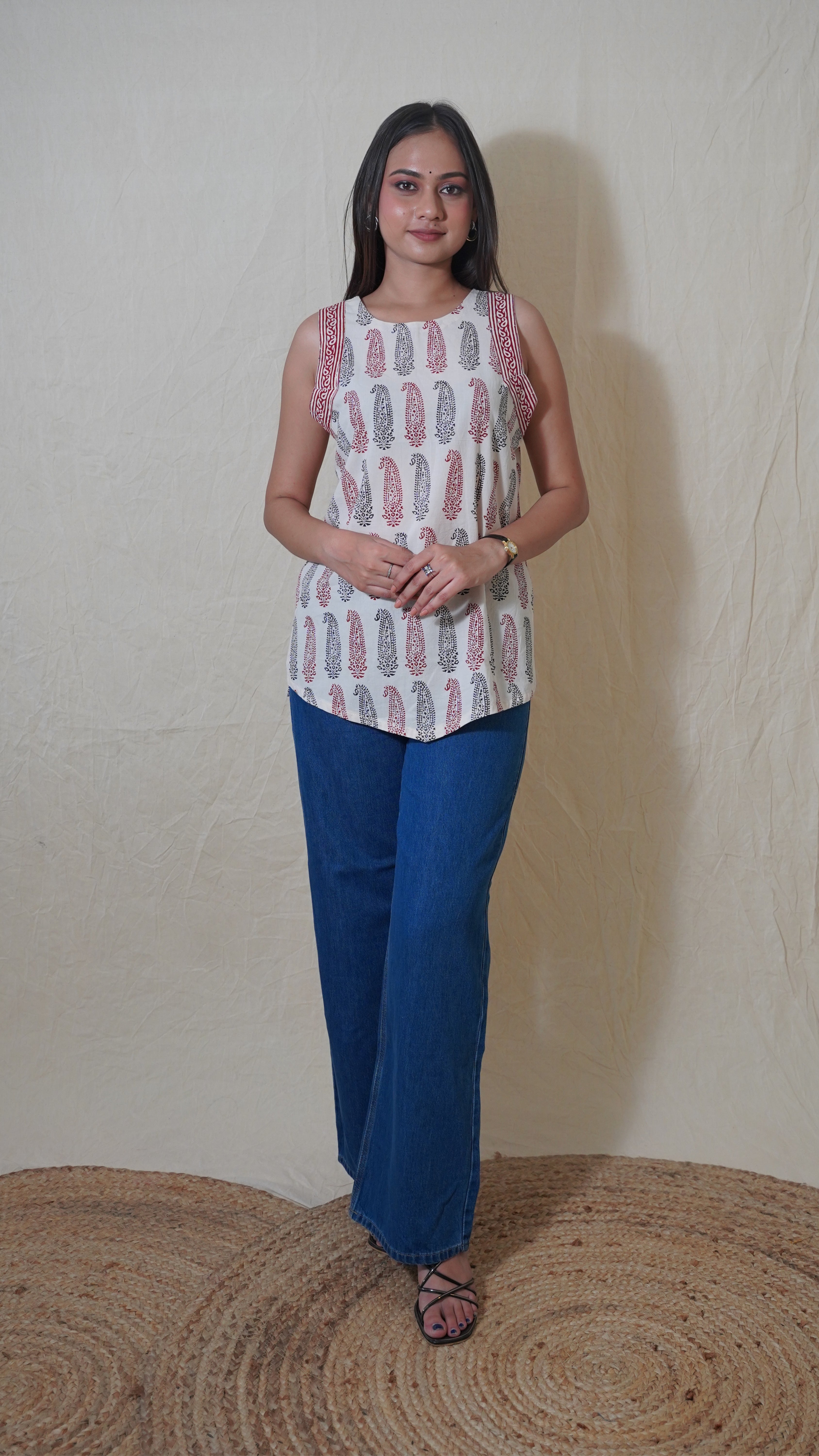 WHITE, RED&BLACK BAGH PRINT SHORT KURTI