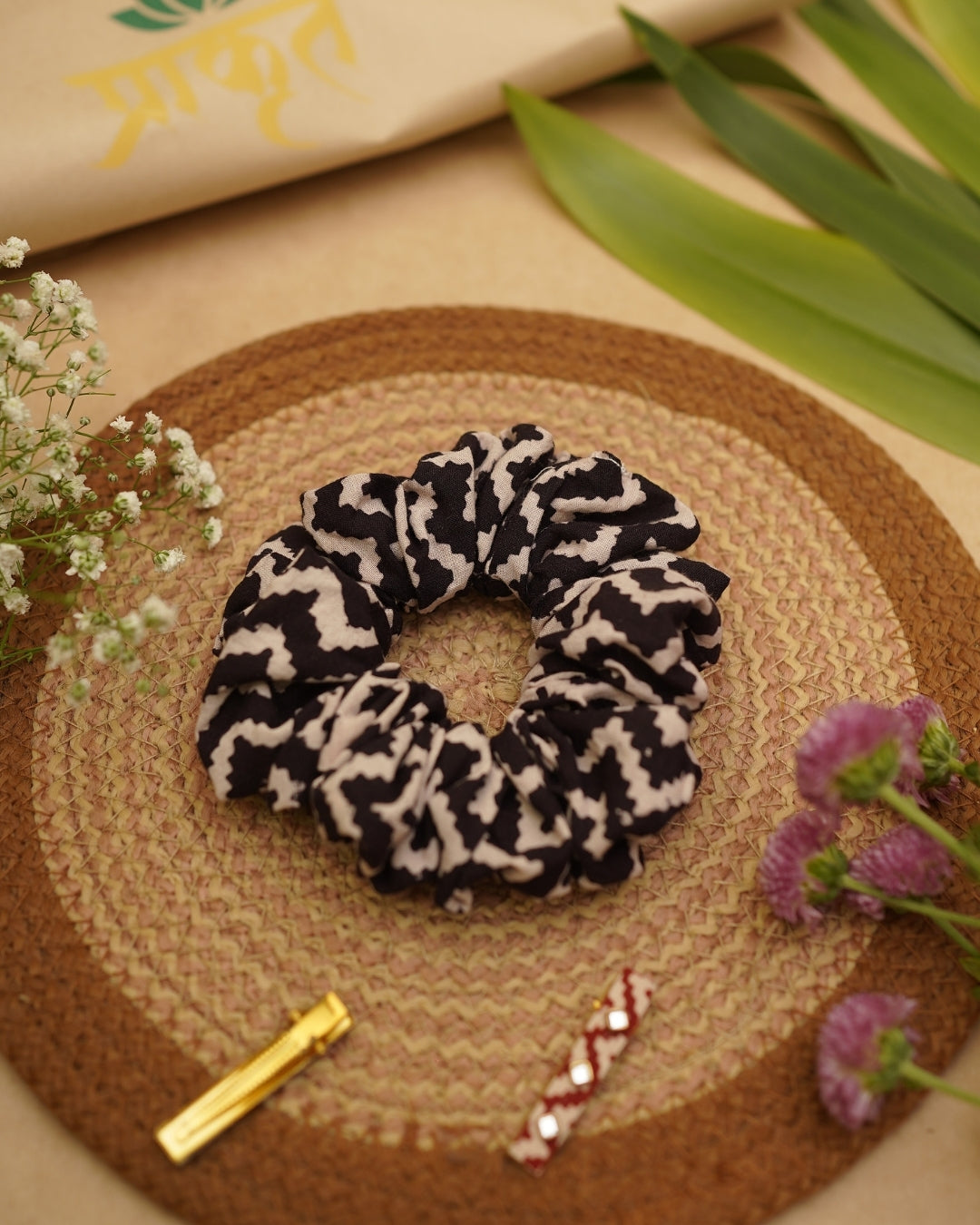 BLACK WHITE  BAGH PRINT SCRUNCHIES