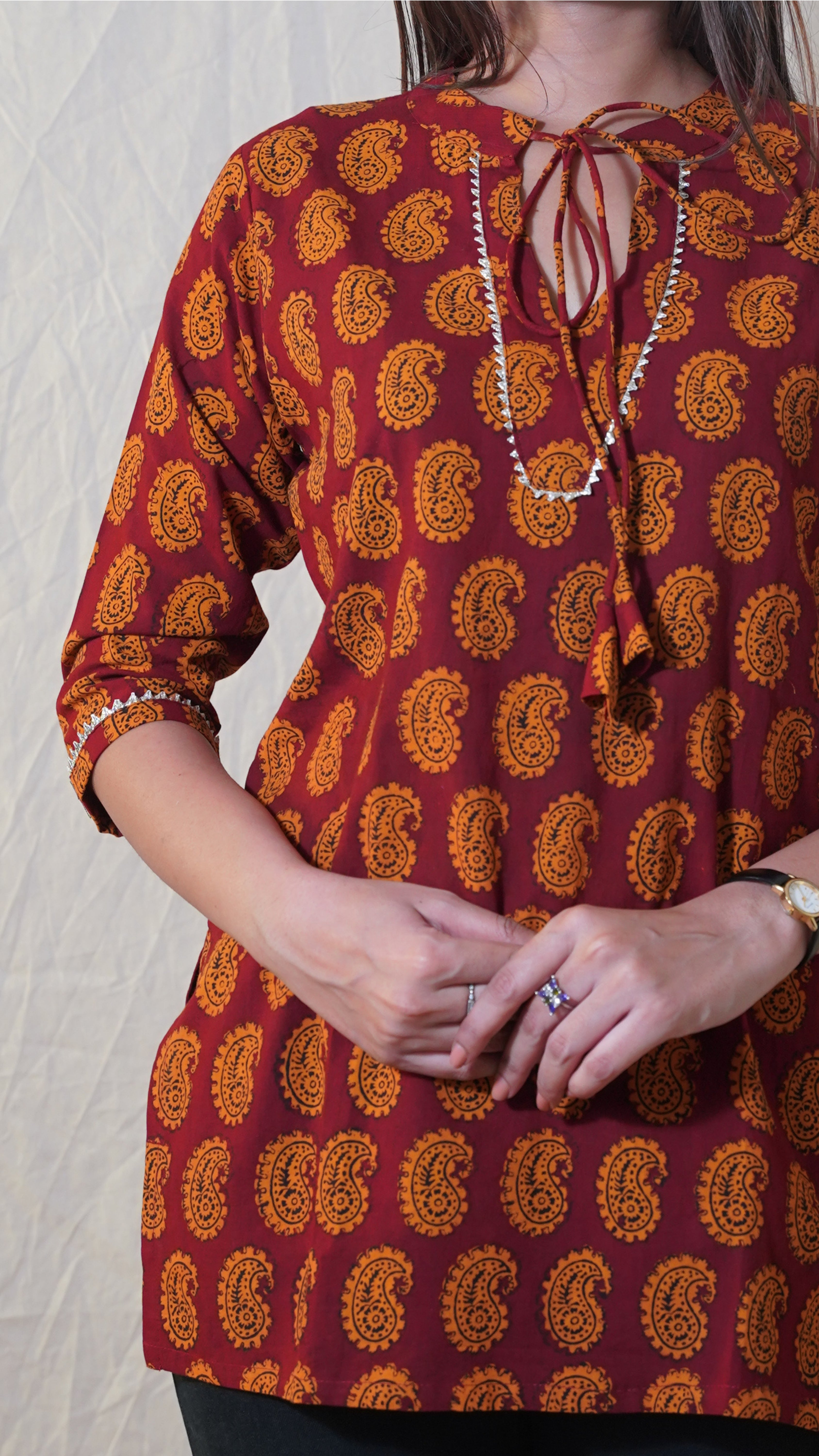 COFFEE BROWN YELLOW BAGH PRINT SHORT KURTI