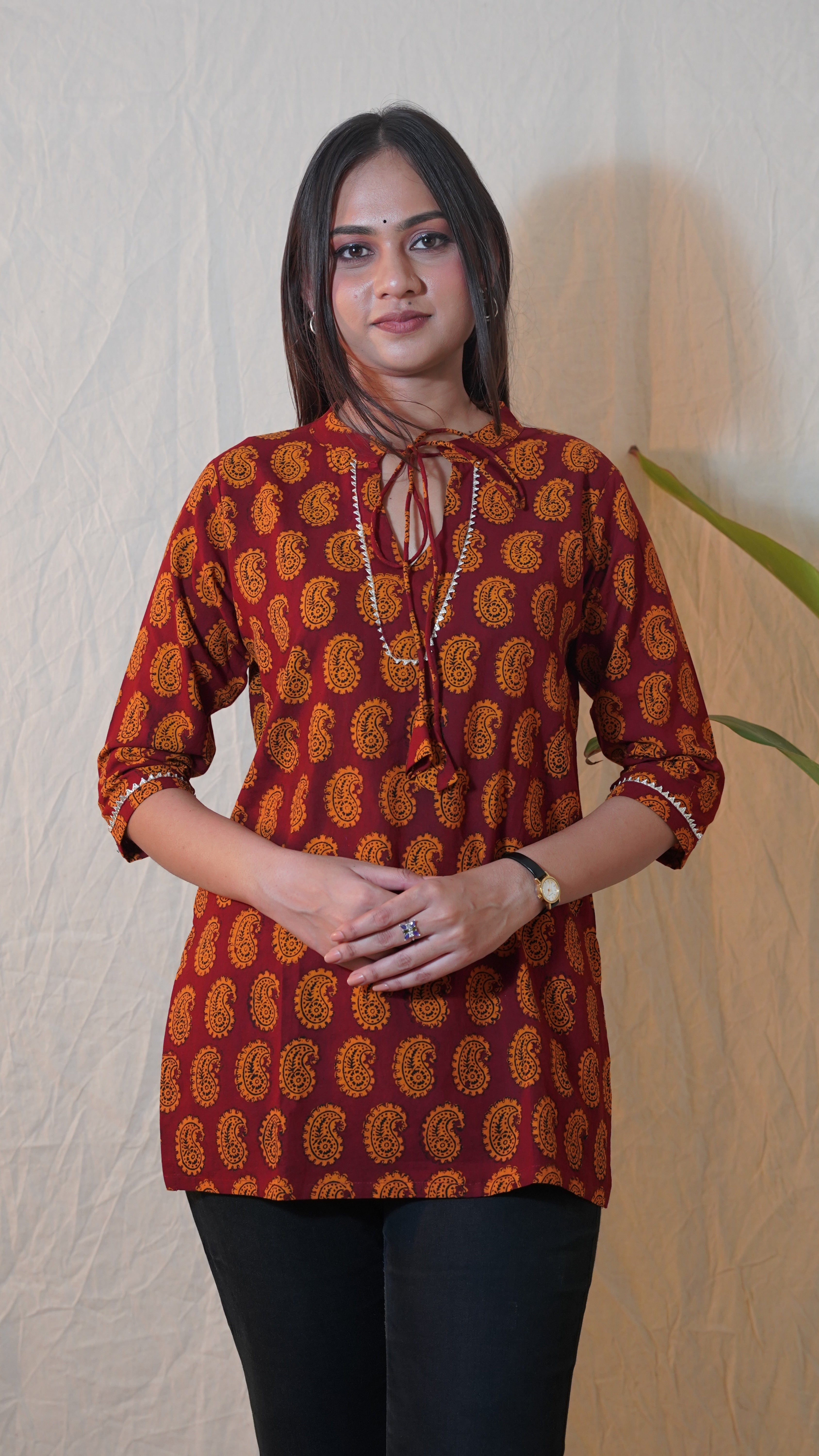 COFFEE BROWN YELLOW BAGH PRINT SHORT KURTI