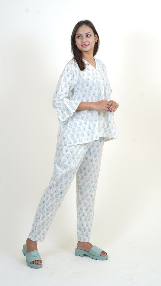 PEARL WHITE INDIGO BAGH PRINT CO-ORD SET