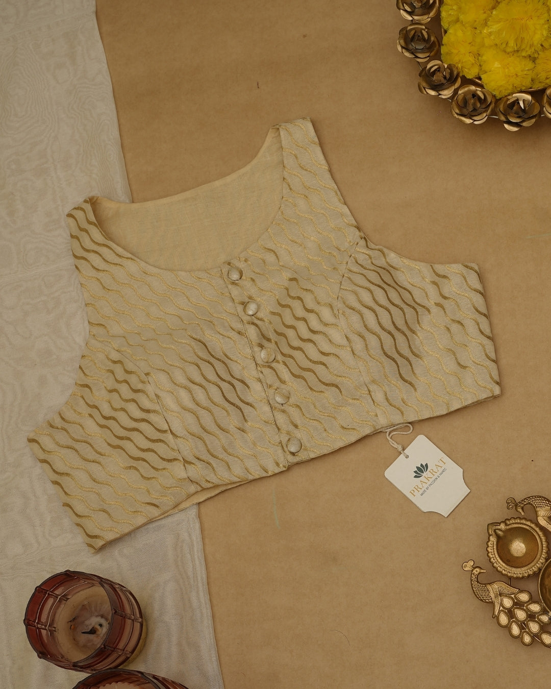 WHITE GOLDEN ZARI  BLOUSE (SLEEVLESS)