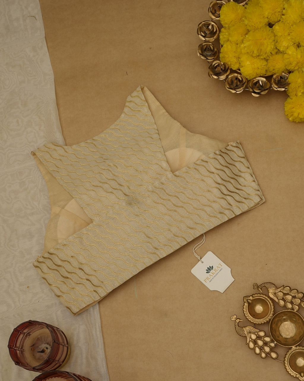 WHITE GOLDEN ZARI  BLOUSE (SLEEVLESS)