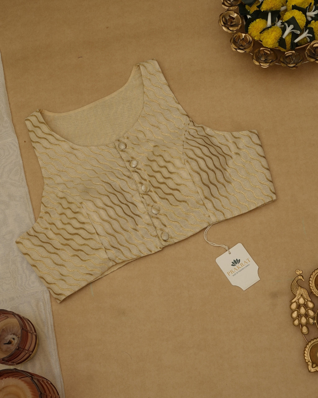 WHITE GOLDEN ZARI  BLOUSE (SLEEVLESS)