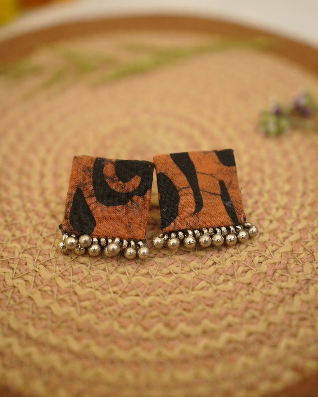 RUST BROWN BLACK BATIK PRINT EARRING