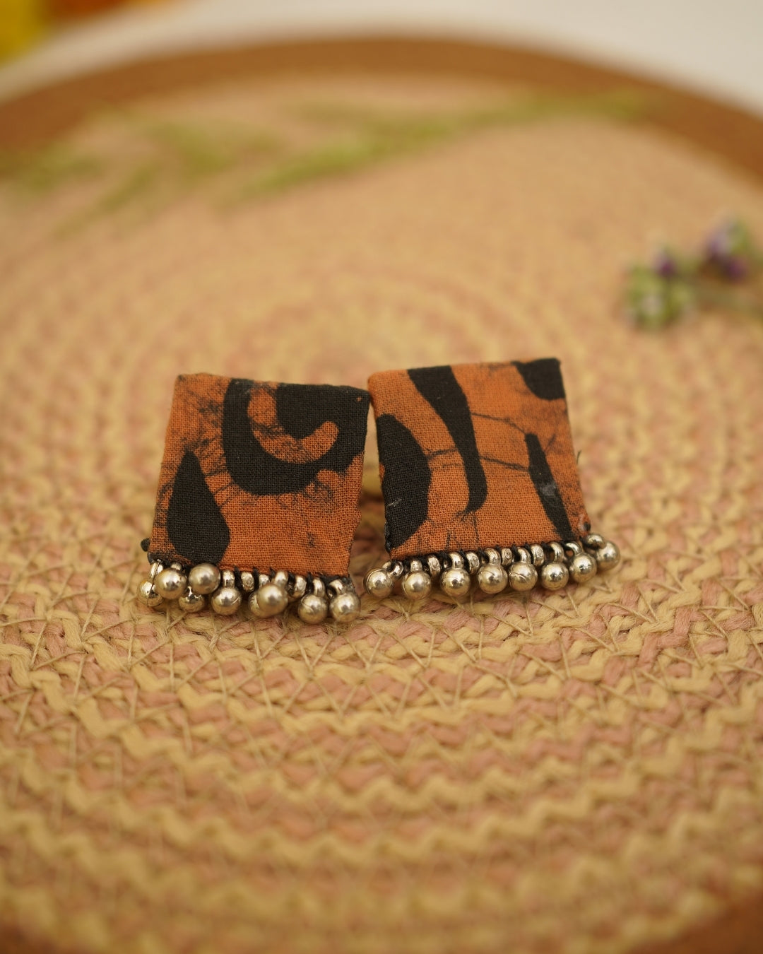 RUST BROWN BLACK BATIK PRINT EARRING