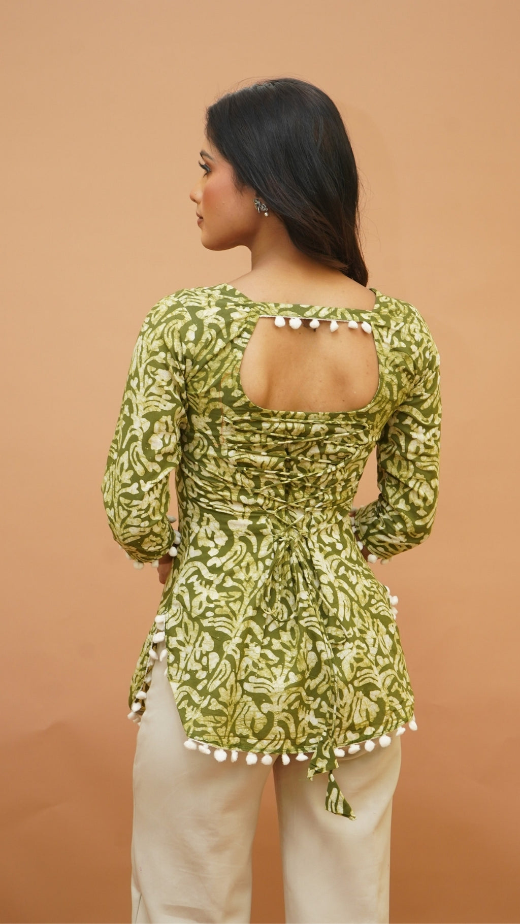 GREEN WHITE BATIK PRINT SHORT KURTI