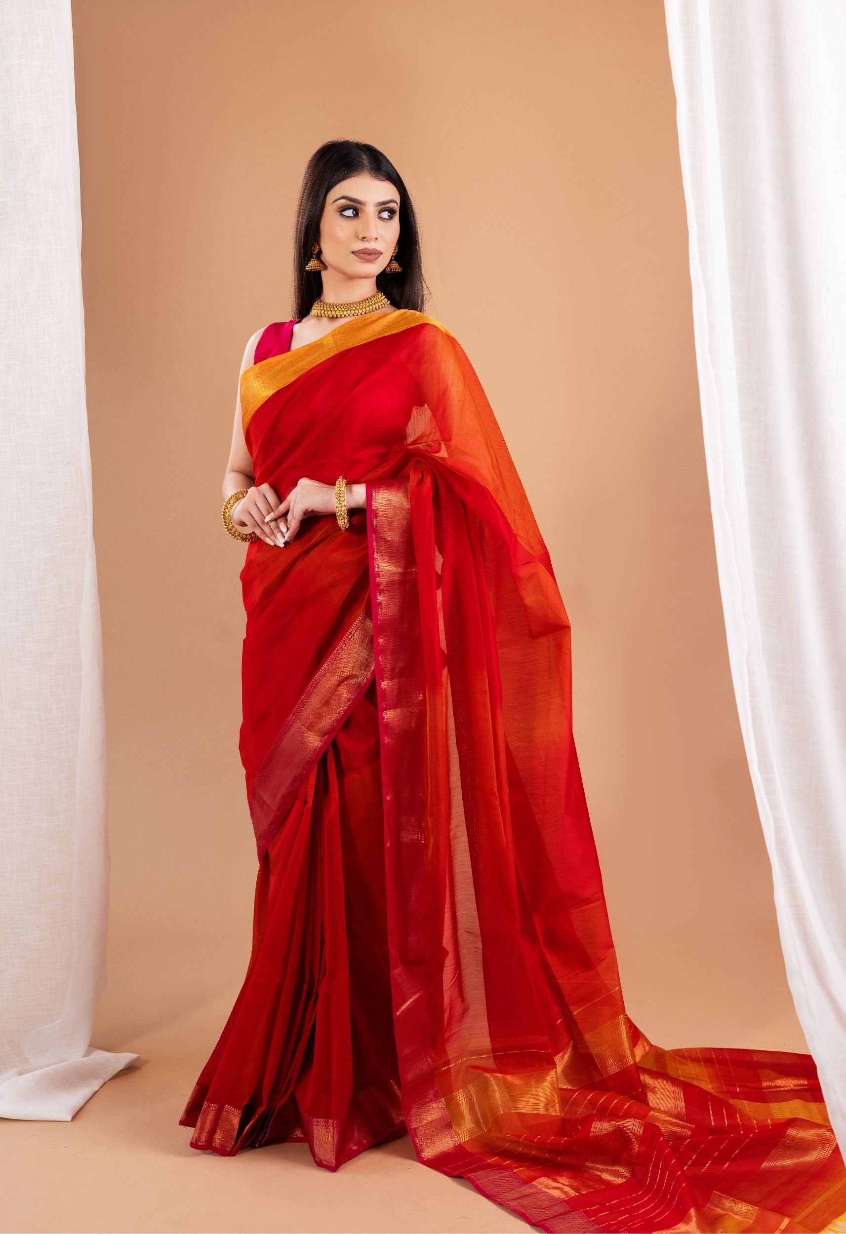 RED ORANGE DUAL SHADE BORDER MAHESHWARI SILK SAREE