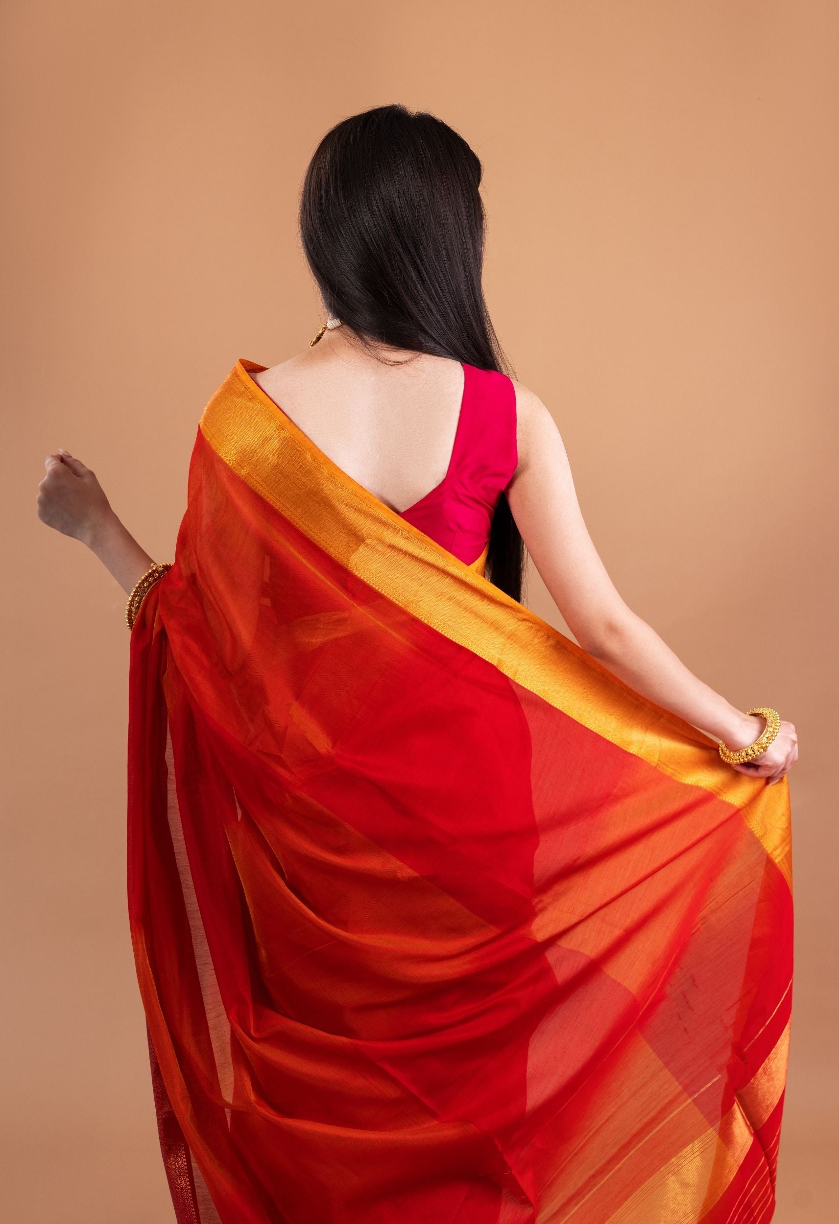 RED ORANGE DUAL SHADE BORDER MAHESHWARI SILK SAREE
